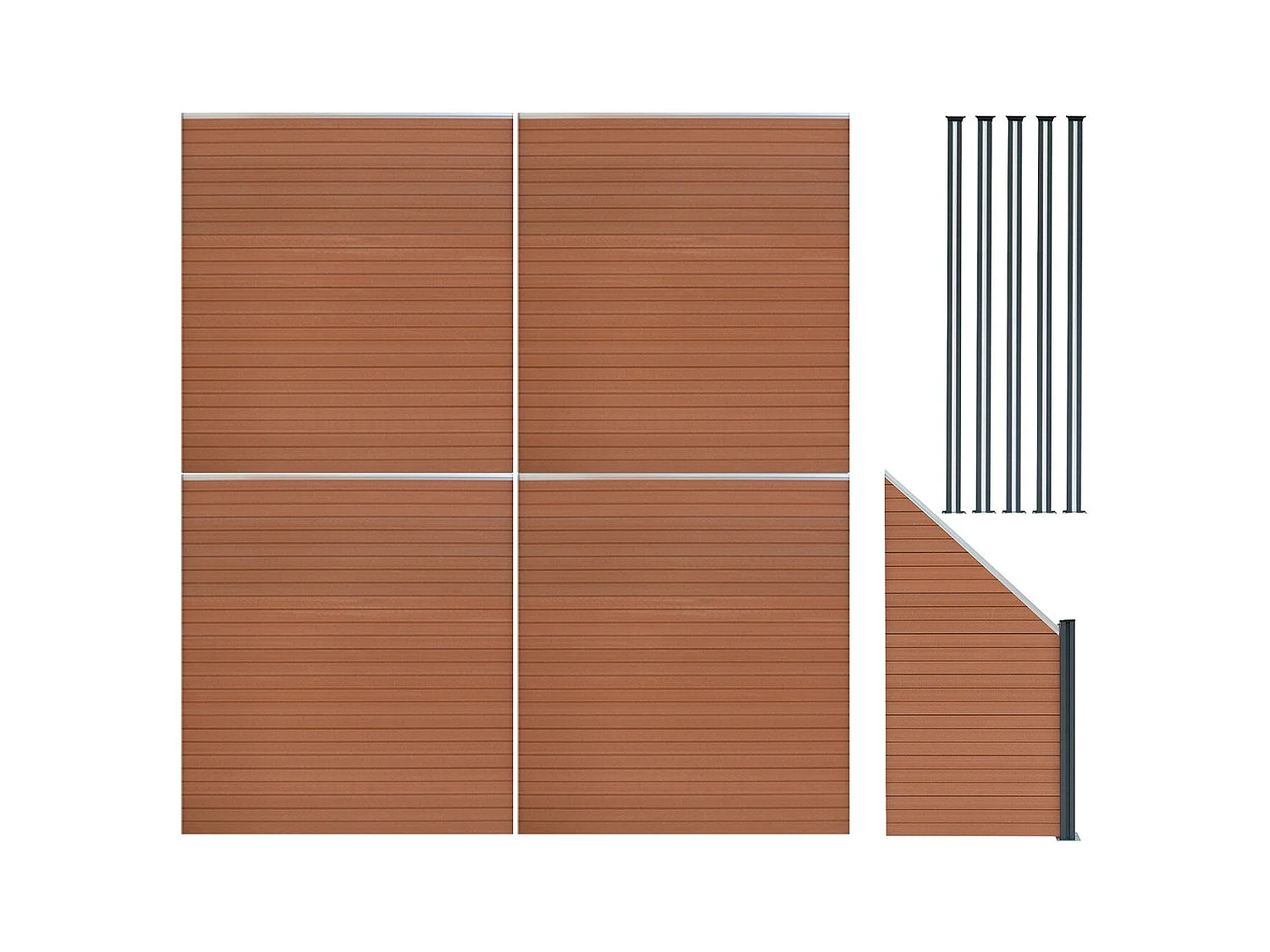 Composiet Schutting Paneel x 4, Schuin Paneel & LED Palen x 5 - Bruin