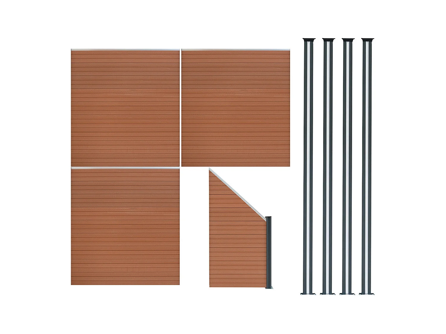 Composiet Schutting Paneel x 3, Schuin Paneel & LED Palen x 4 - Bruin