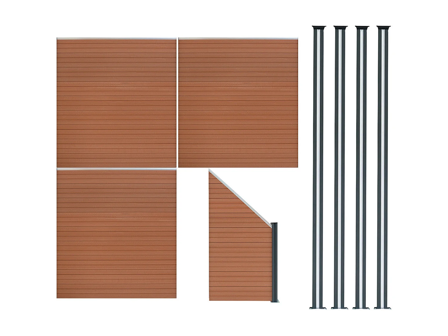 Composiet Schutting Paneel x 3, Schuin Paneel & LED Palen x 4 - Bruin