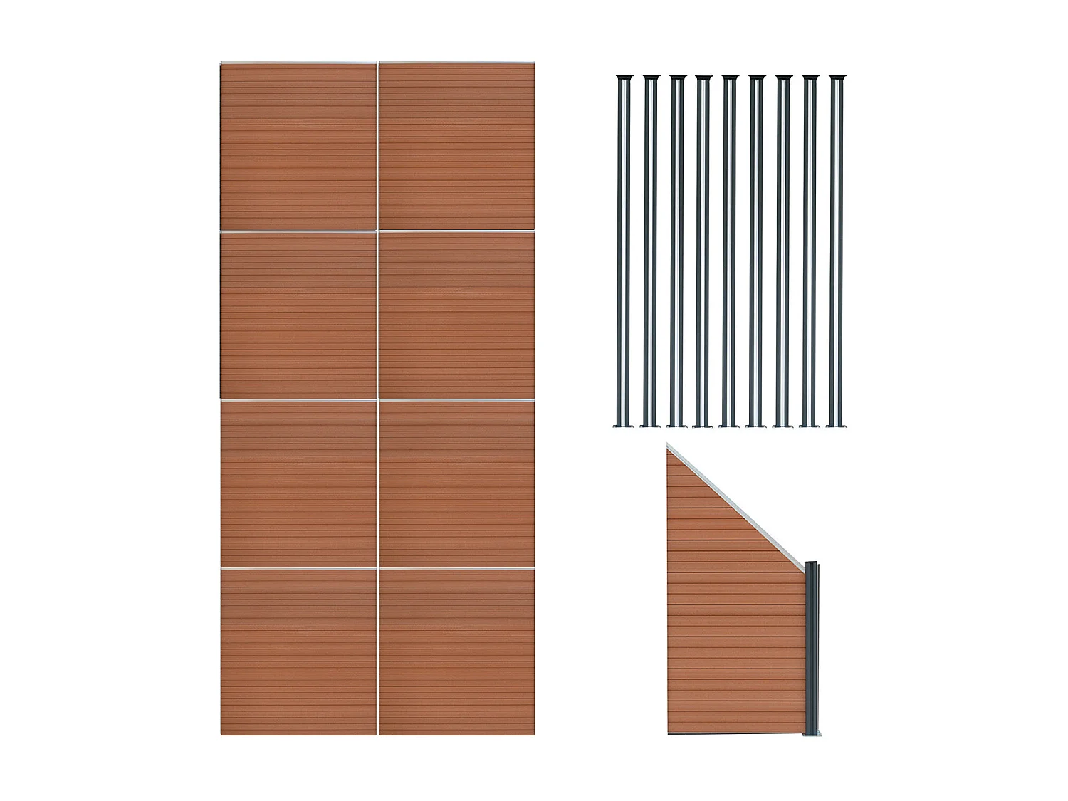 Vallas para exteriores de WPC y Aluminio - 8xPaneles Cuadrados + 1x Oblicuo + 9x Postes con LED | Marrón