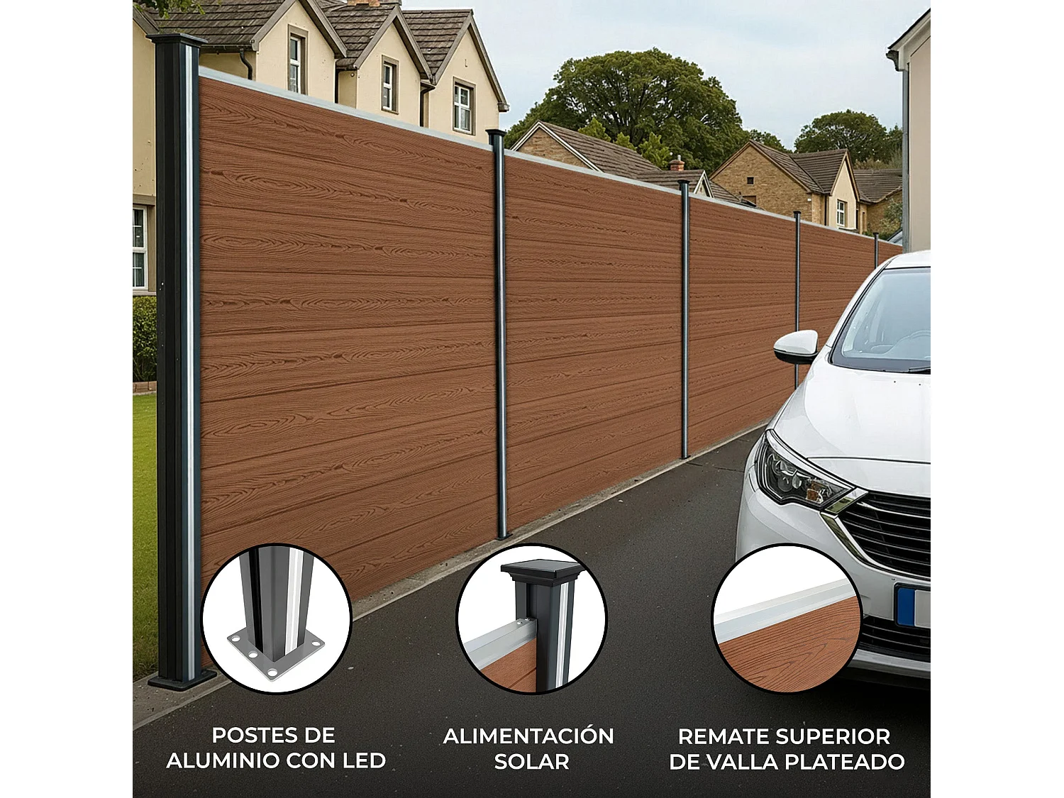 Pannelli Recinzione x8, Elemento Angolare e 9 Pali LED - Marrone