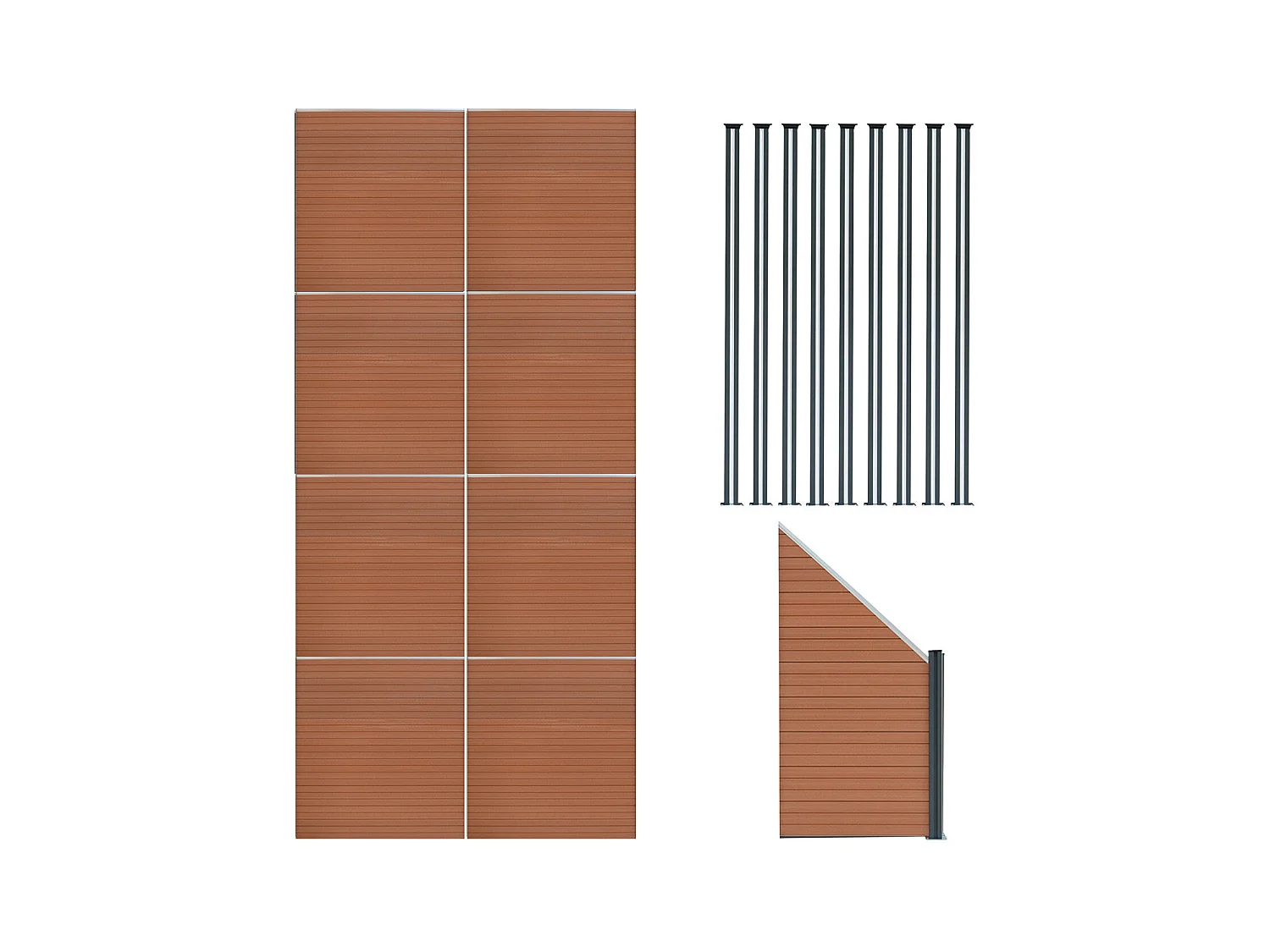 Composiet Schutting Paneel x 8, Schuin Paneel & LED Palen x 9 - Bruin