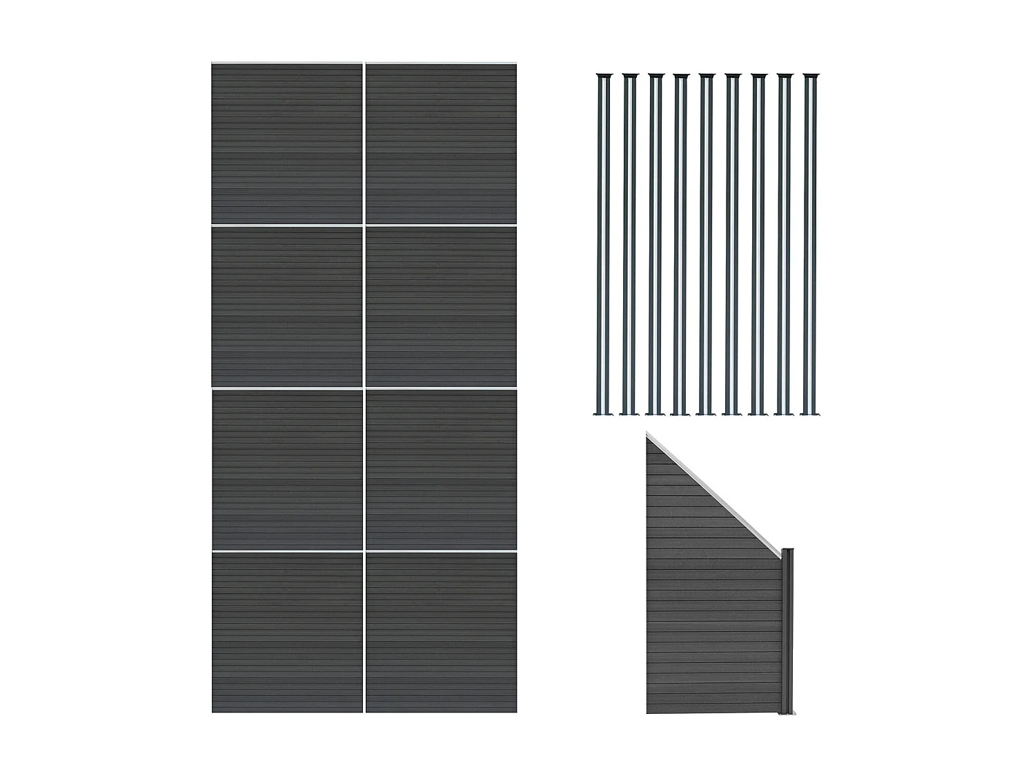Kit Clôture Panneaux en Composite 8 Quadratique, 1 Incliné & 9 Poteaux à LED - Gris