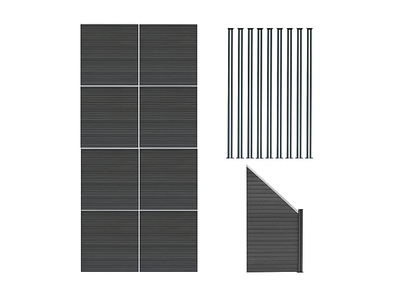 Composiet Schutting Panelen x 8, Schuin Paneel & LED Palen x 9 - Grijs