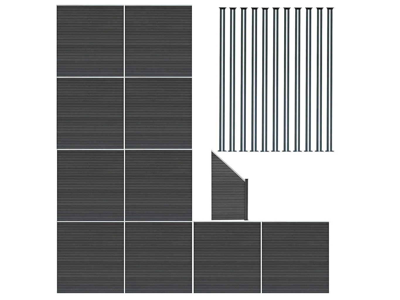 Kit Clôture Panneaux en Composite 10 Quadratique, 1 Incliné & 11 Poteaux à LED - Gris