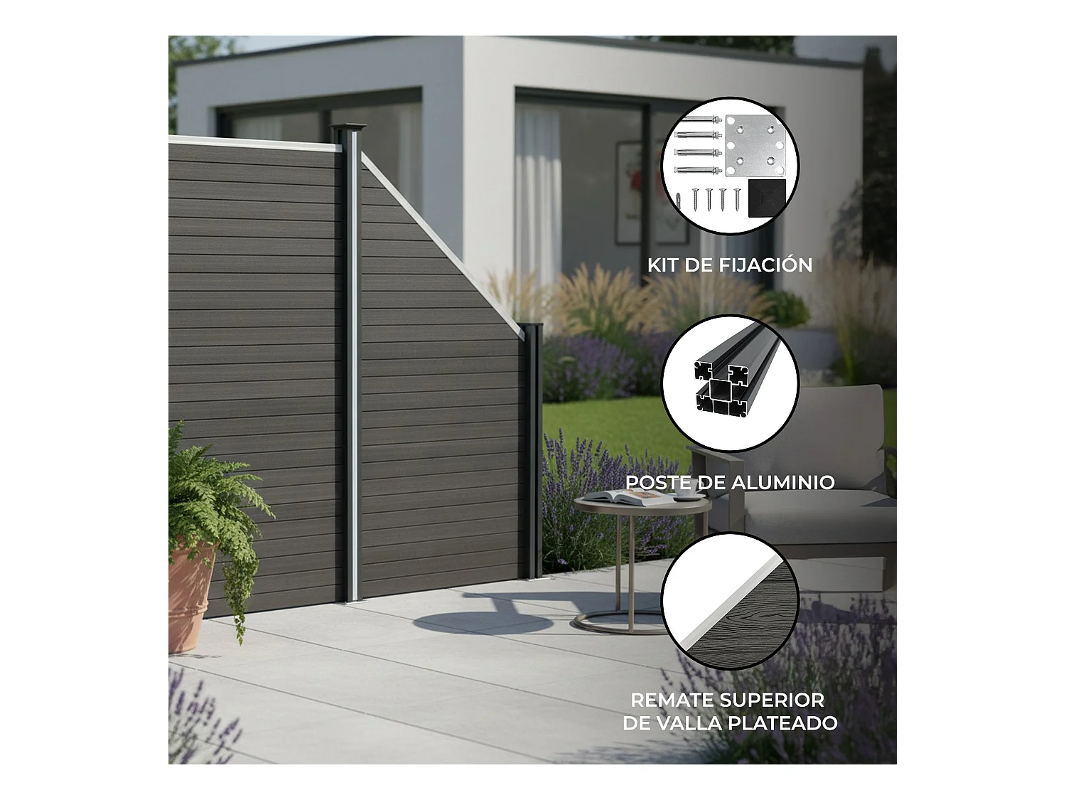 Vallas para exteriores de WPC y Aluminio - 1x Panel Oblicuo + 1x Poste | Gris