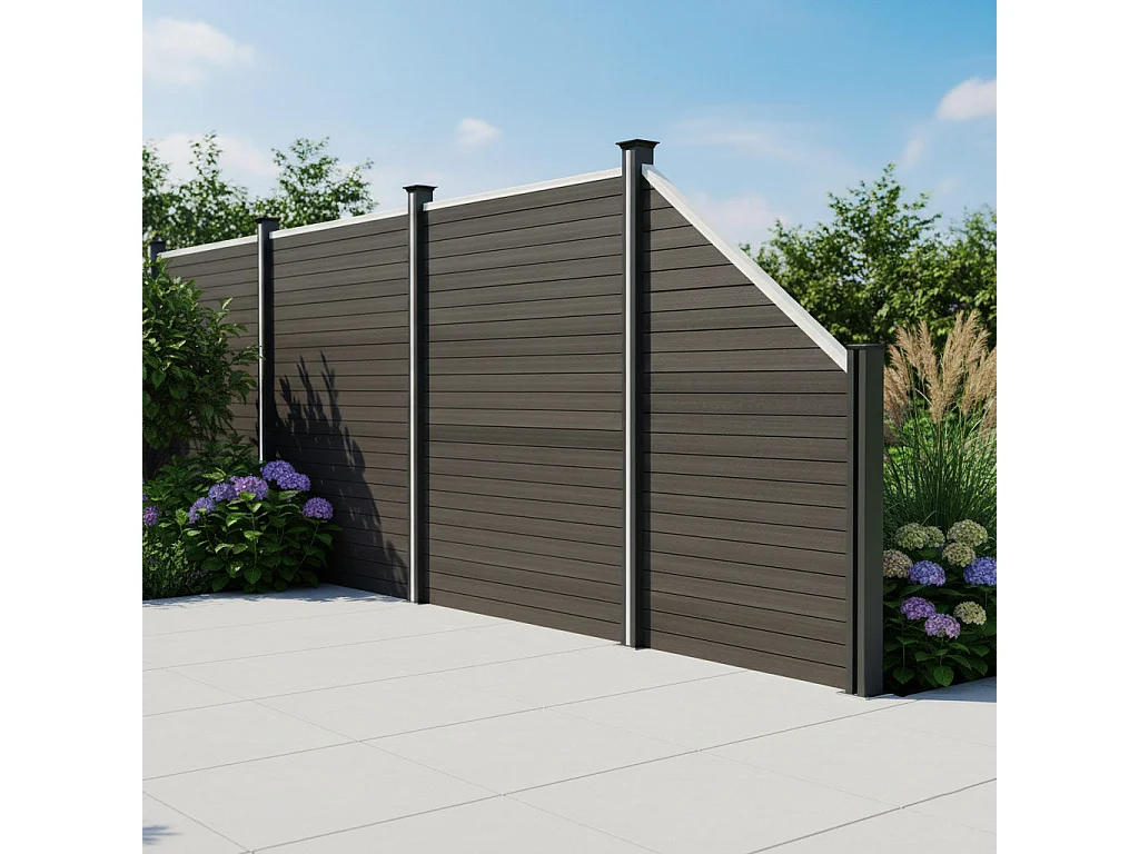 Vallas para exteriores de WPC y Aluminio - 1x Panel Oblicuo + 1x Poste | Gris