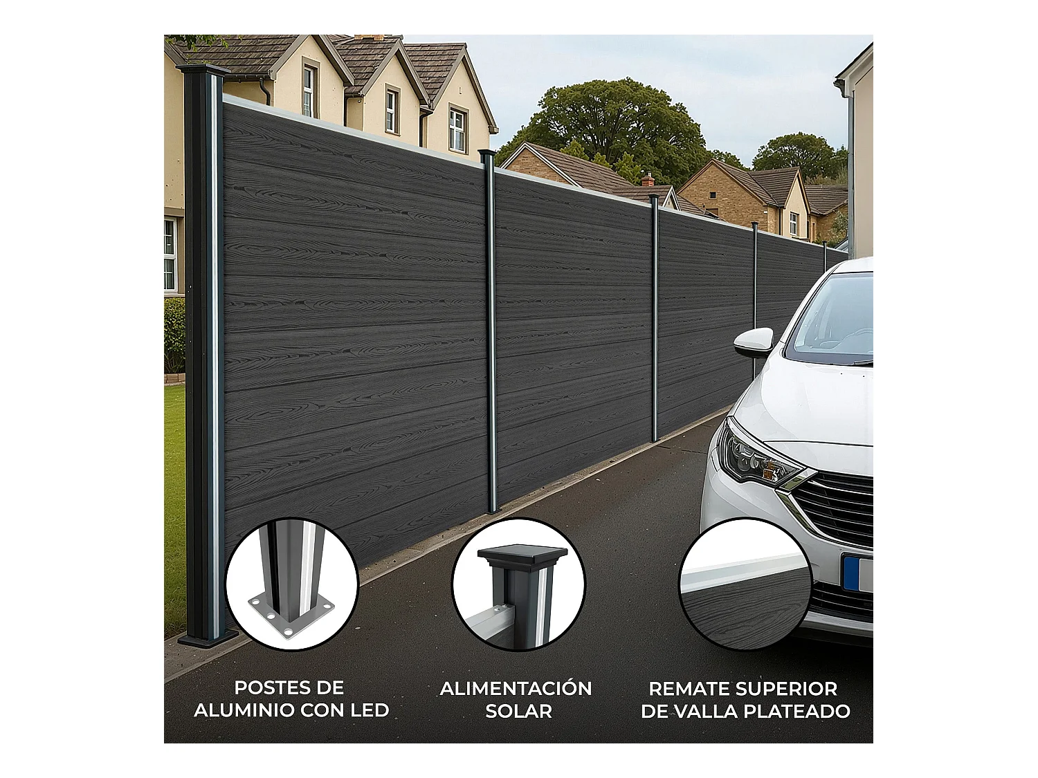 Vallas para exteriores de WPC y Aluminio - 3x Paneles + 4 Postes | Gris