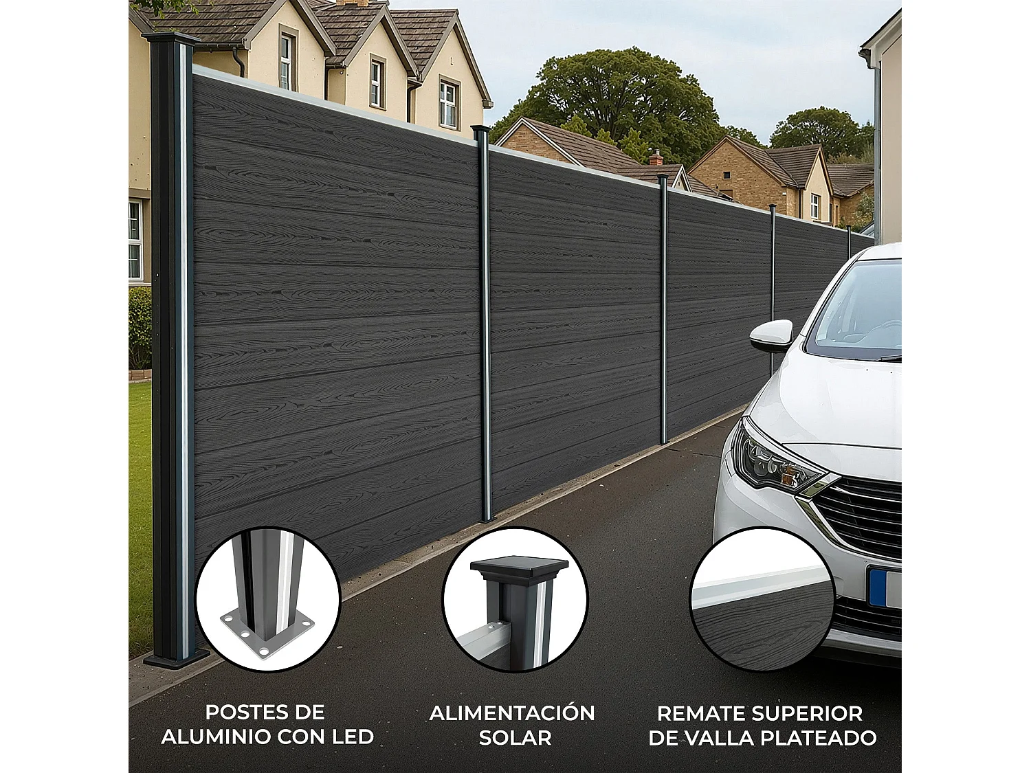 Vallas para exteriores de WPC y Aluminio - 3x Paneles + 4 Postes | Gris