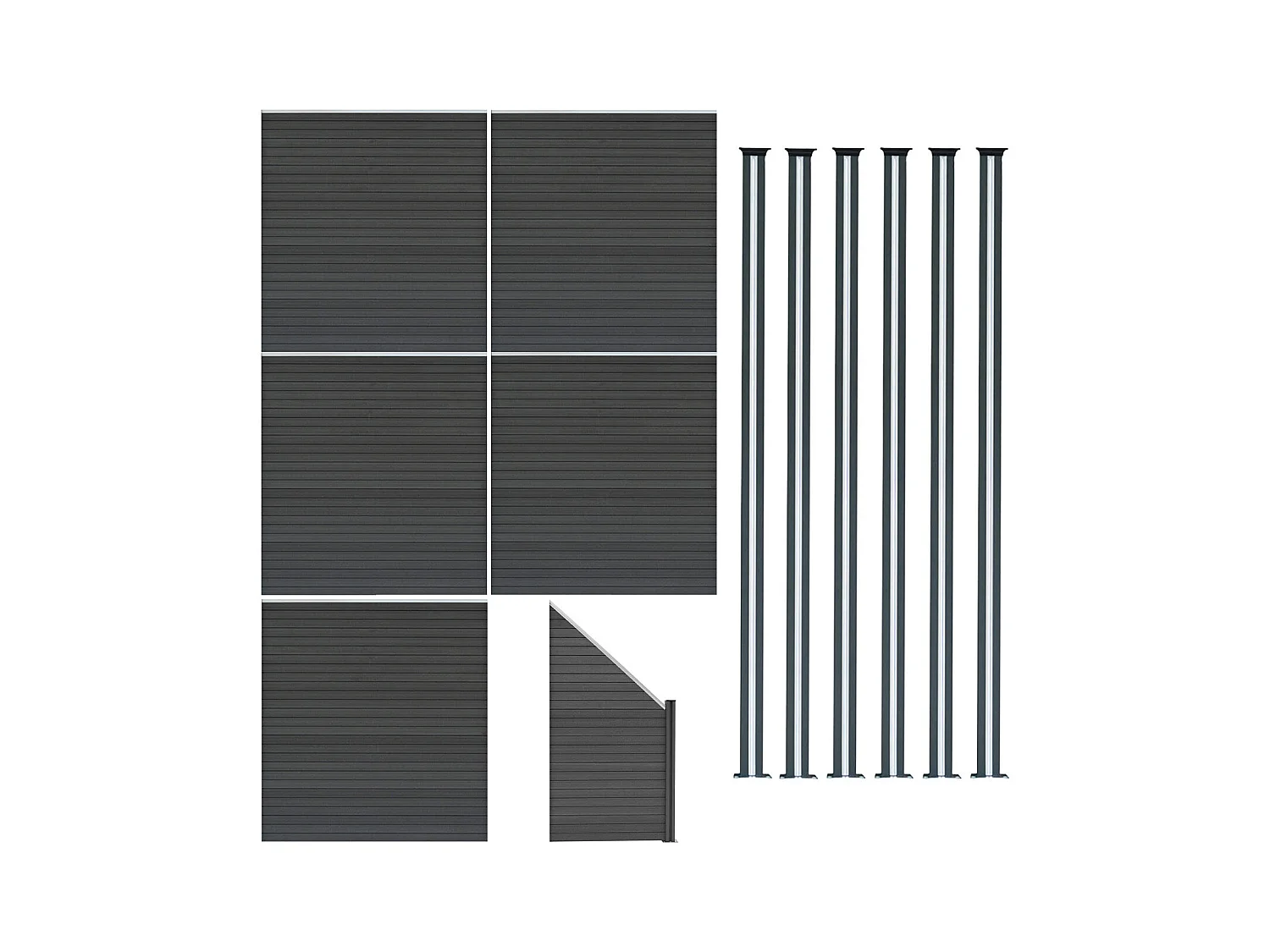 Vallas para exteriores de WPC y Aluminio - 5x Paneles Cuadrados + 1x Oblicuo + 6x Postes con LED | Gris