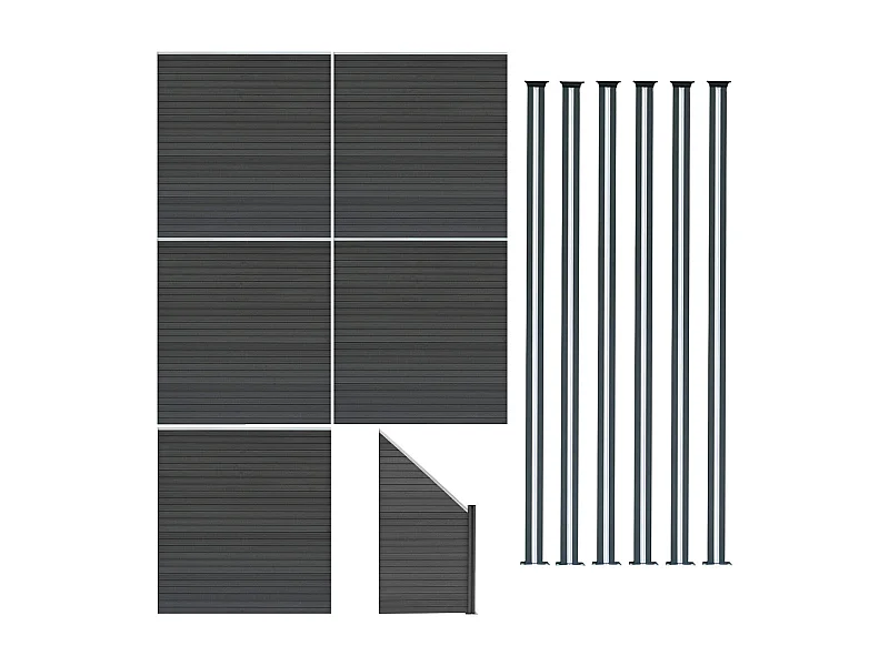 Composiet Schutting Panelen x 5, Schuin Paneel & LED Palen x 6 - Grijs