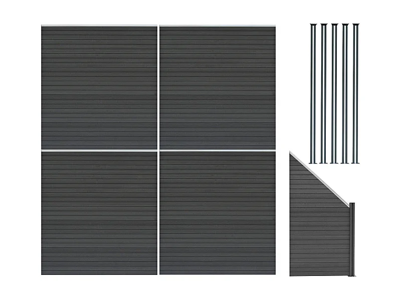 Pannelli Recinzione x4, Elemento Angolare e 5 Pali LED - Grigio