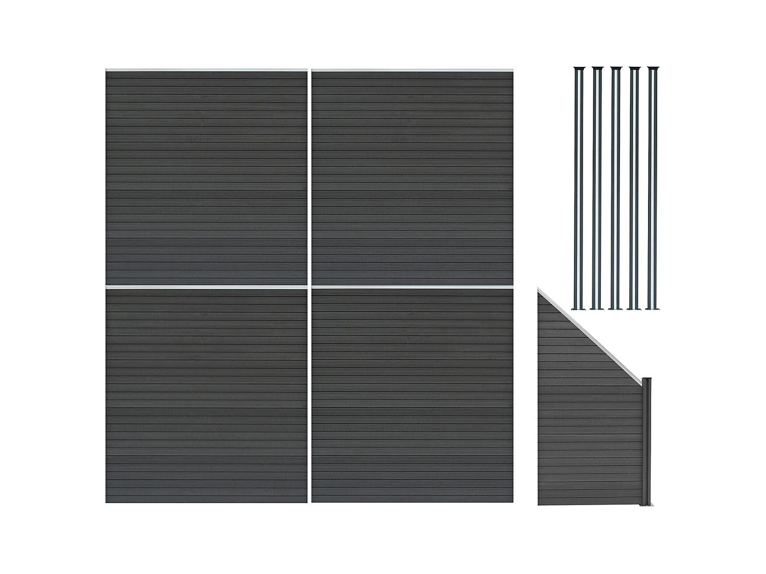 Kit Clôture Panneaux en Composite 4 Quadratique, 1 Incliné & 5 Poteaux à LED - Gris