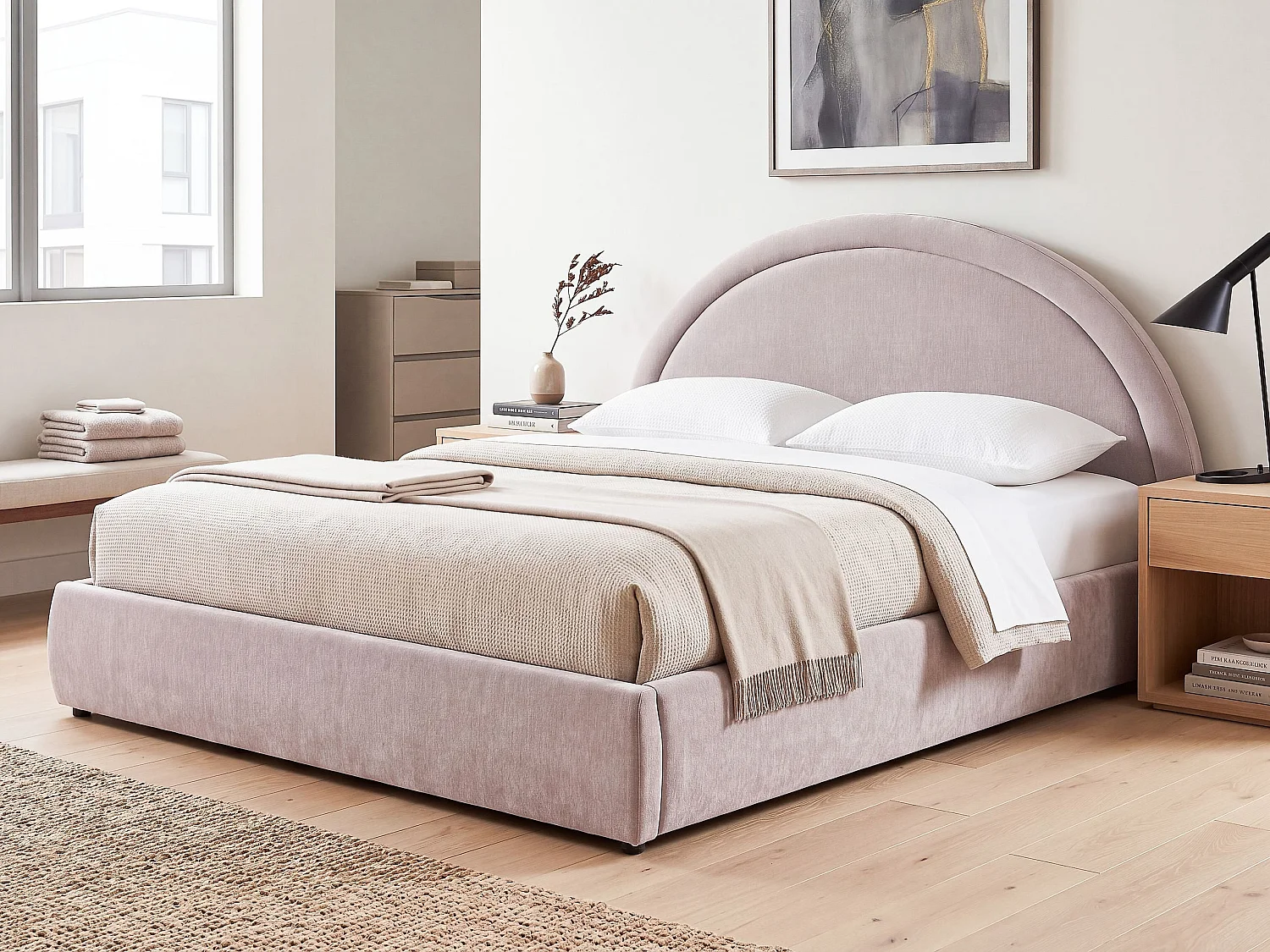Lit ottoman MOUZON Tissu chenille Taupe 180 x 200 cm