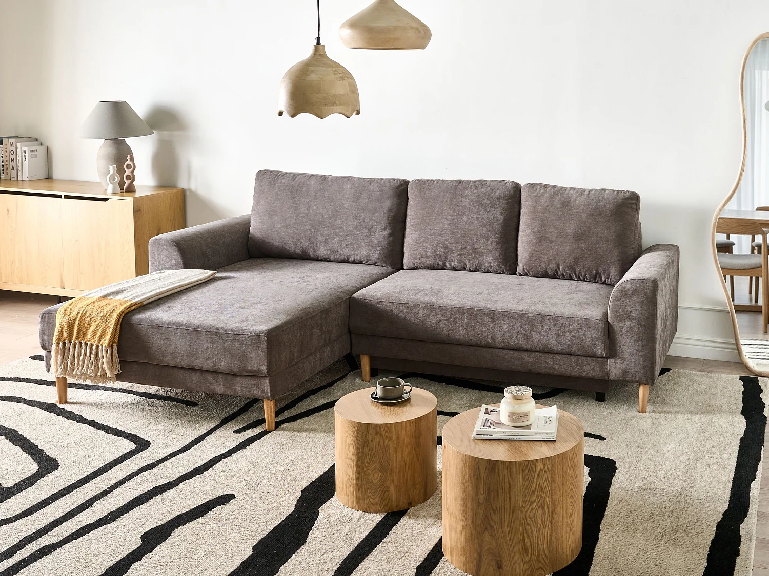 Canapé-lit d'angle 3 places NUBORG Tissu chenille Taupe Côté droit