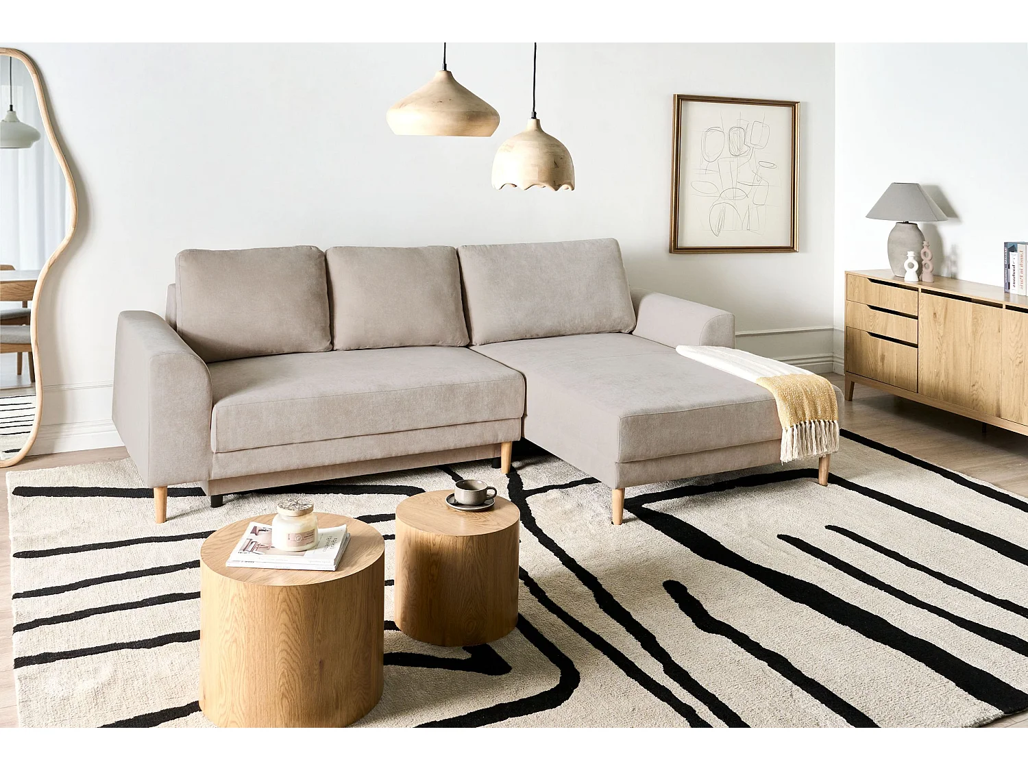 Canapé-lit d'angle 3 places NUBORG Tissu chenille Beige clair Côté droite