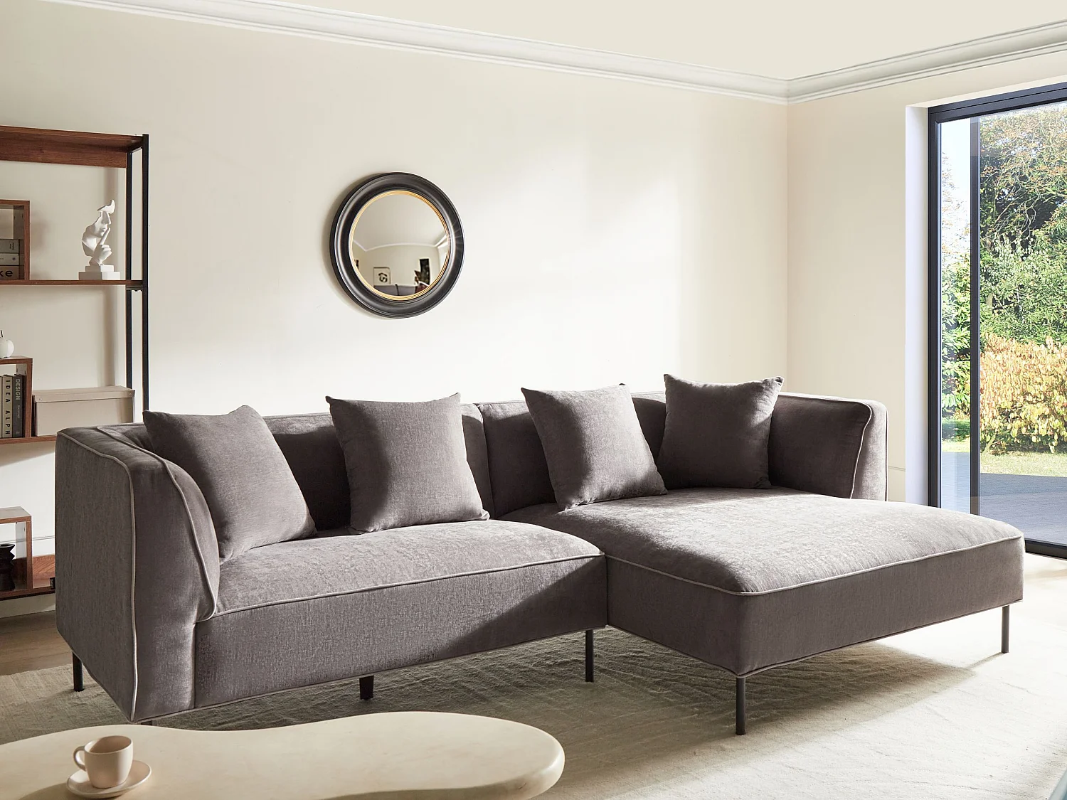 Canapé d'angle 3 places SATER Tissu chenille Taupe Côté droite