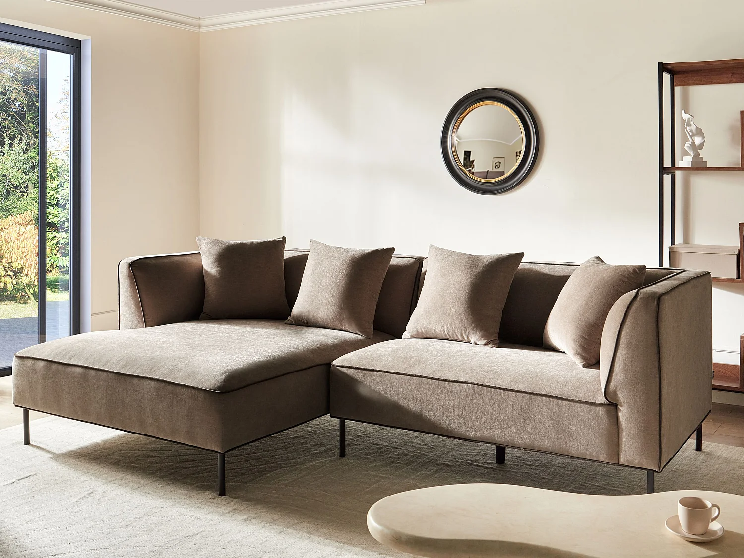 Canapé d'angle 3 places SATER Tissu chenille Marron clair Côté droit