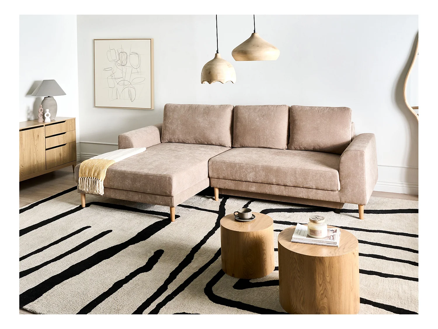 Canapé-lit d'angle 3 places NUBORG Tissu chenille Marron clair Côté droit