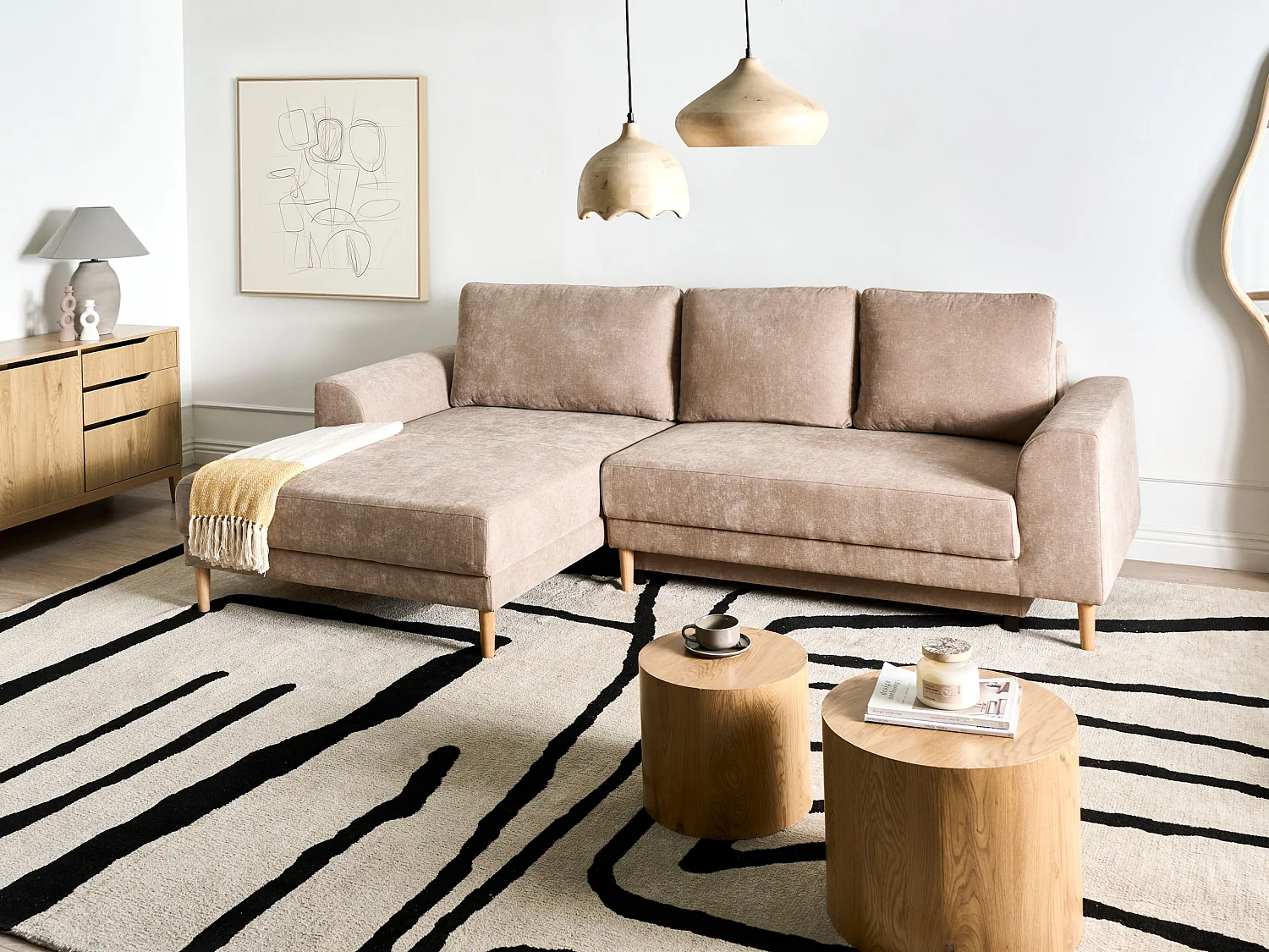 Canapé-lit d'angle 3 places NUBORG Tissu chenille Marron clair Côté droit