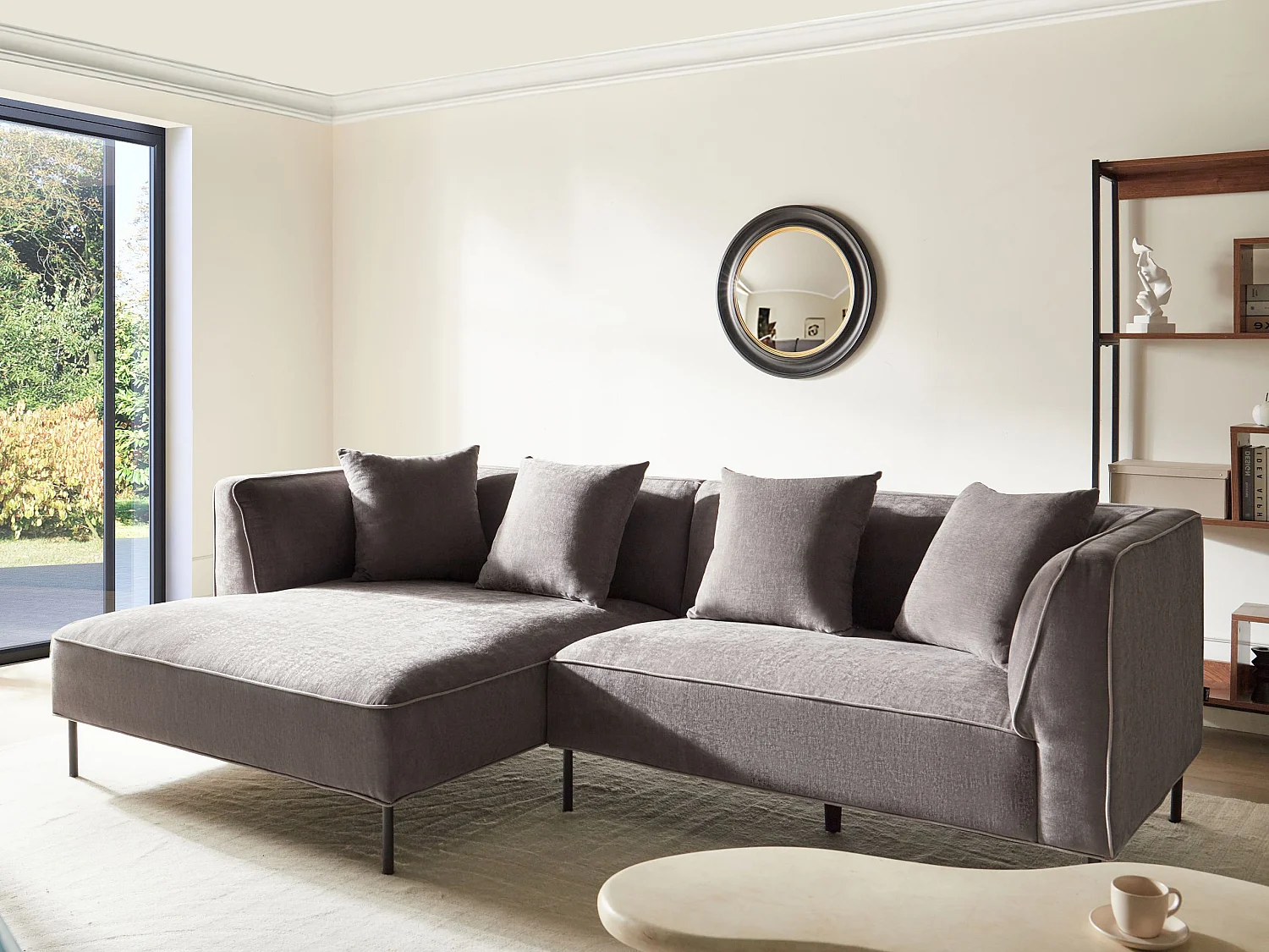Canapé d'angle 3 places SATER Tissu chenille Taupe Côté droit