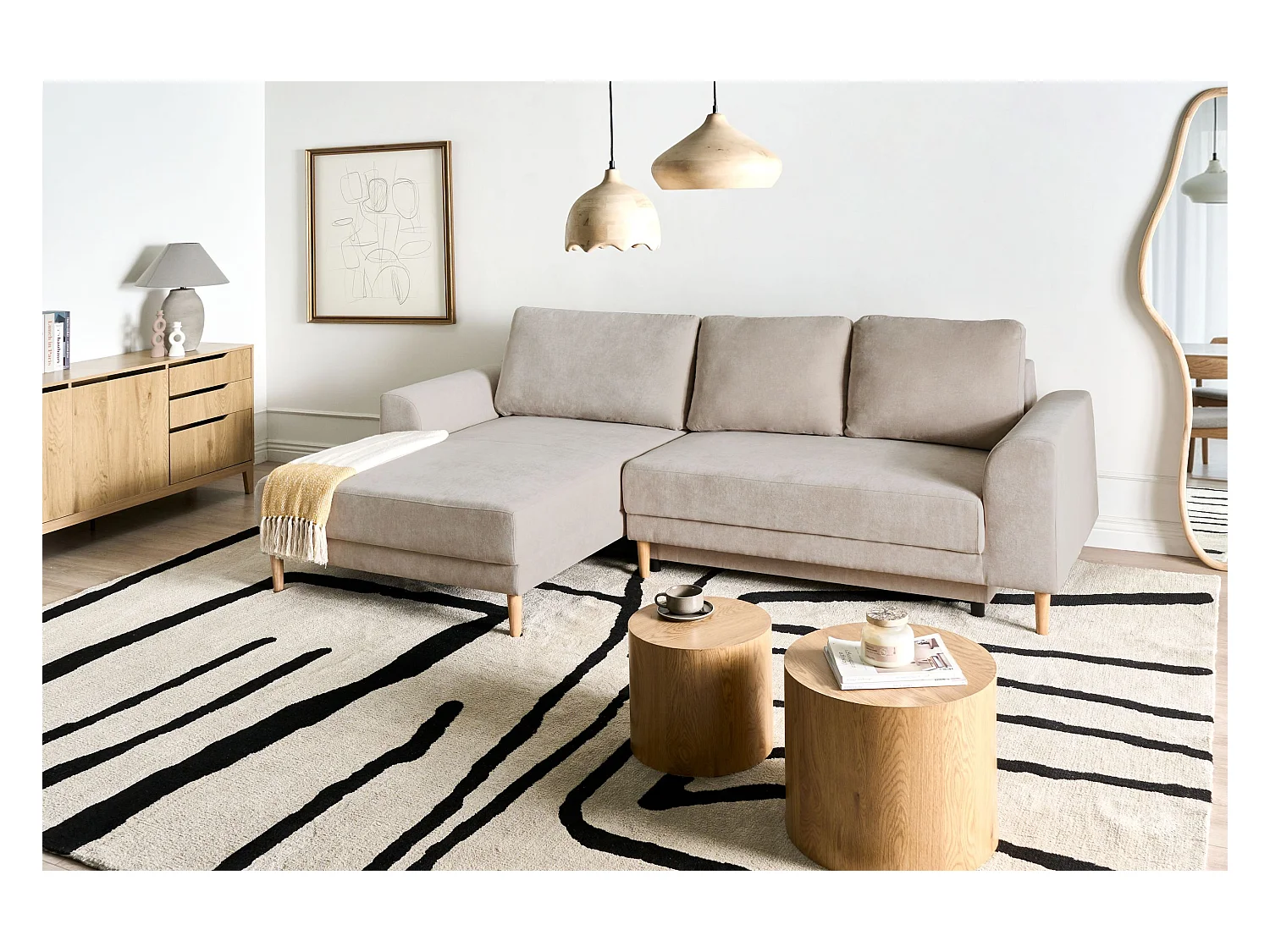 Canapé-lit d'angle 3 places NUBORG Tissu chenille Beige clair Côté droit