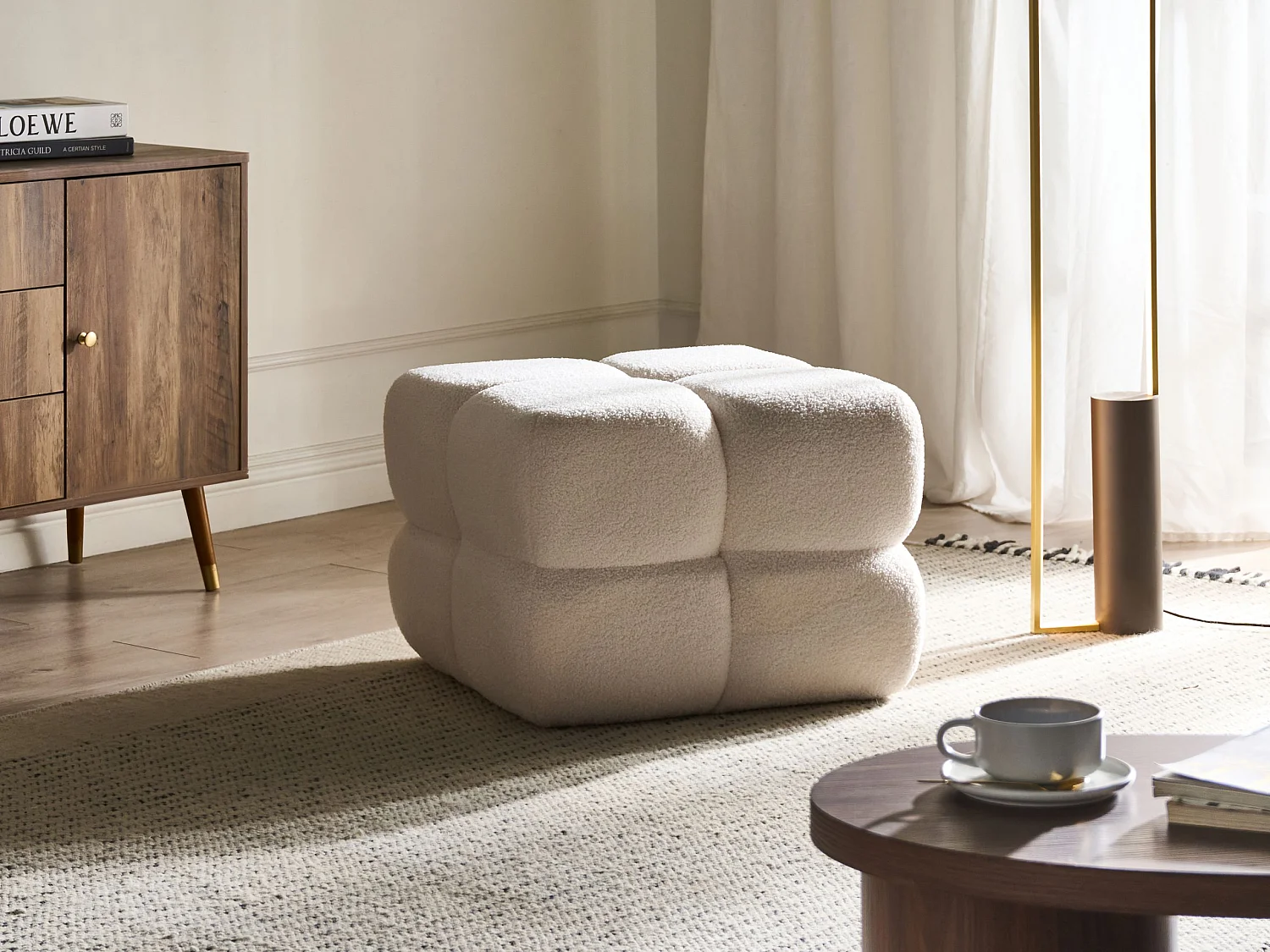 Pouf CALIENTE Bouclé Blanc cassé