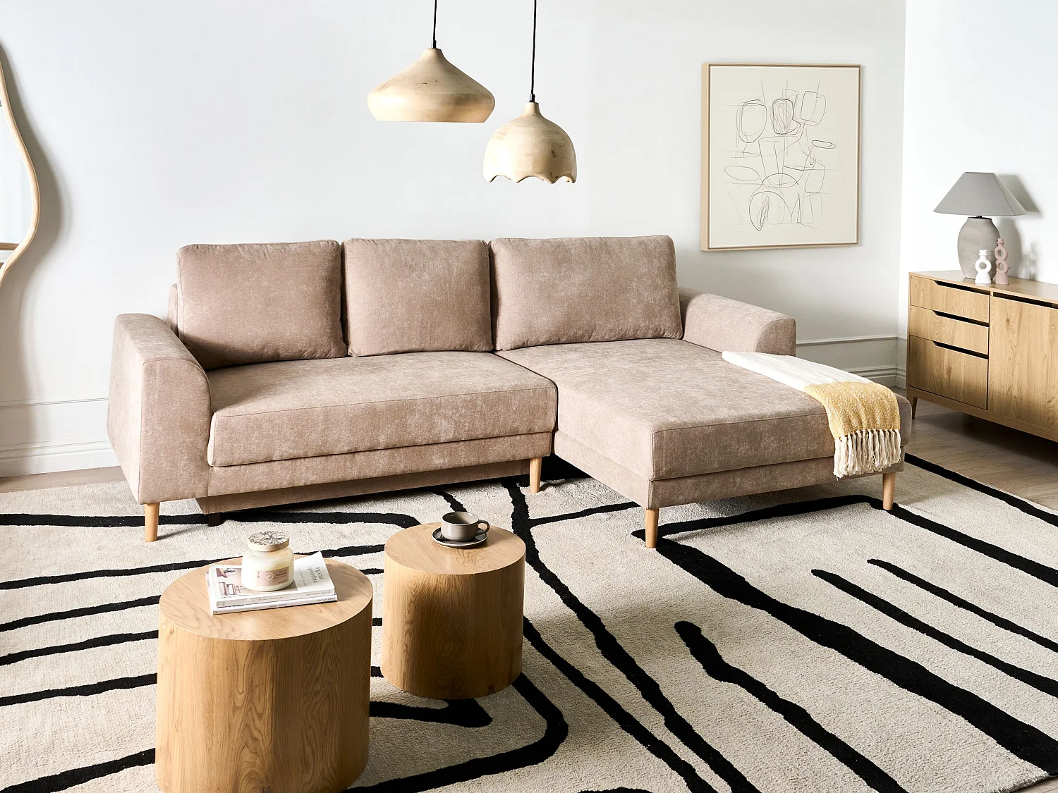 Canapé-lit d'angle 3 places NUBORG Tissu chenille Marron clair Côté droite