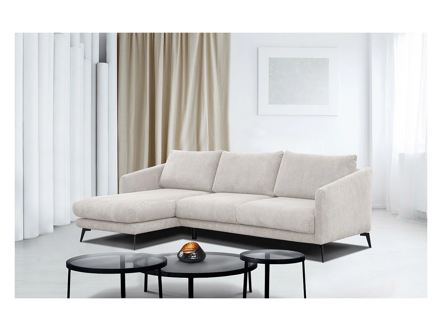 CANAPÉ D'ANGLE VILT 4 places, tissu blanc perle