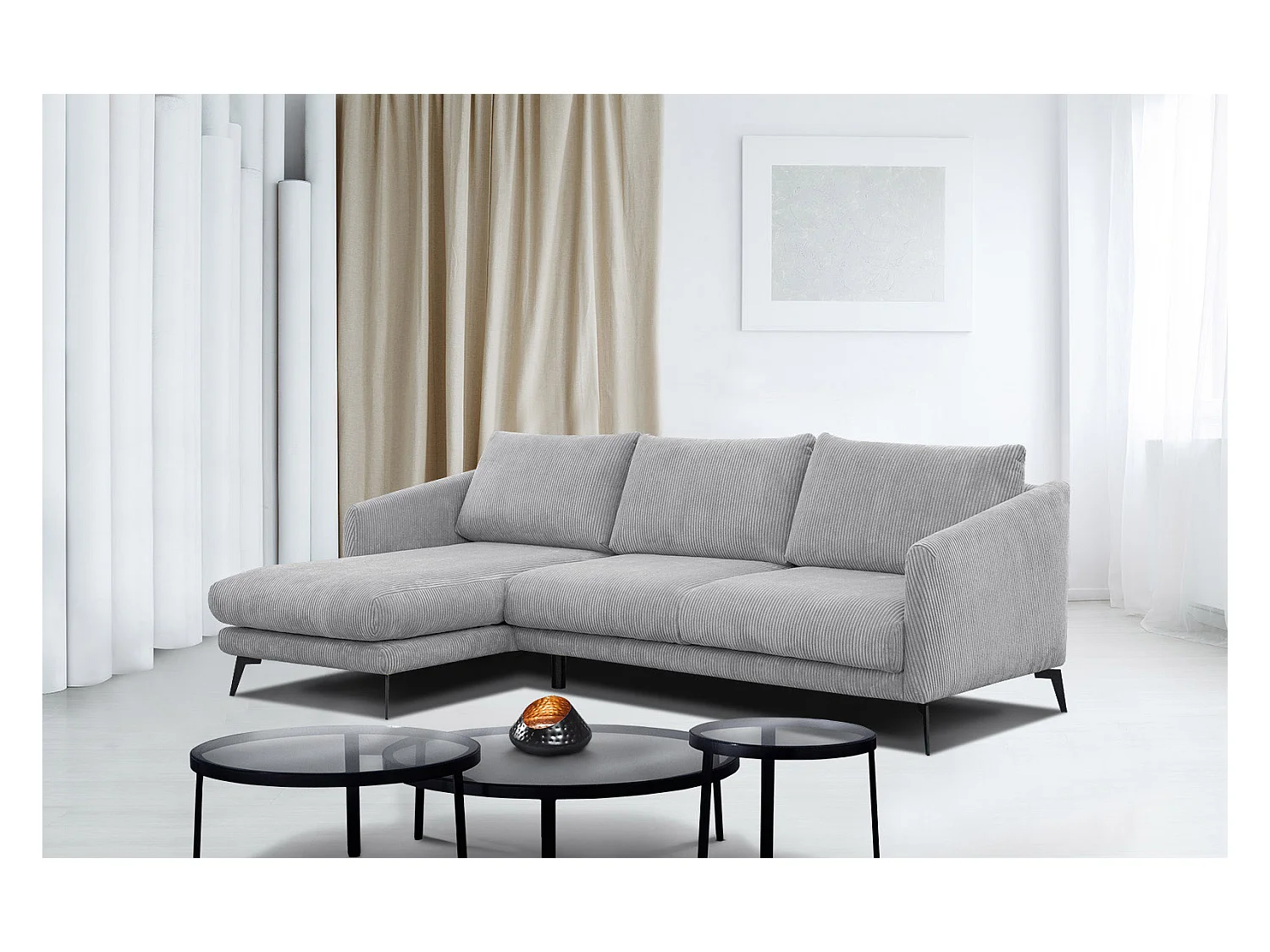 CANAPÉ D'ANGLE VILT 4 places, tissu gris clair