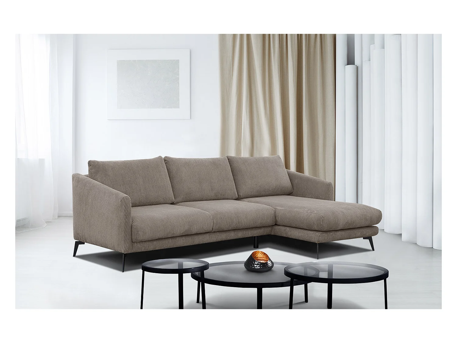 CANAPÉ D'ANGLE VILT 4 places, tissu taupe