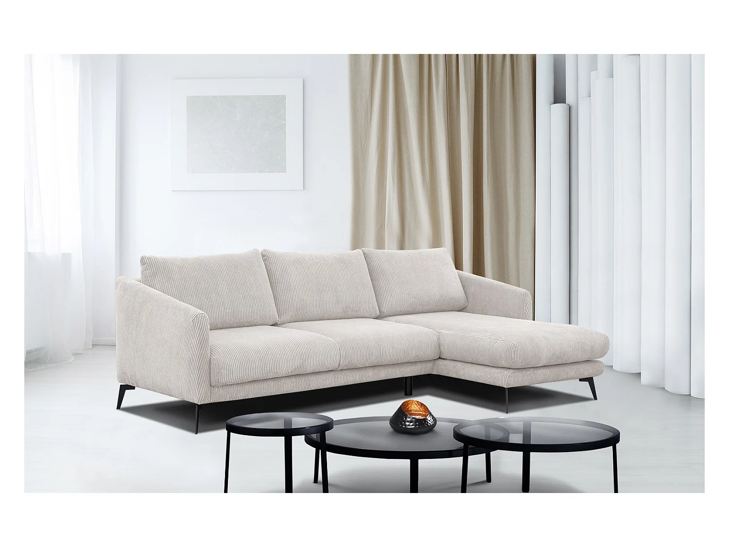 CANAPÉ D'ANGLE VILT 4 places, tissu blanc perle