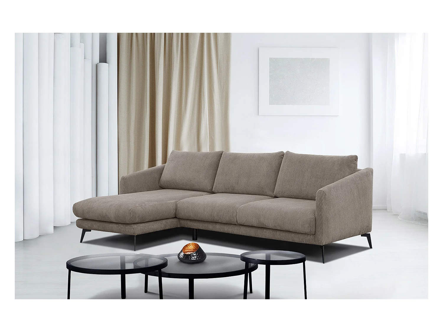 CANAPÉ D'ANGLE VILT 4 places, tissu taupe