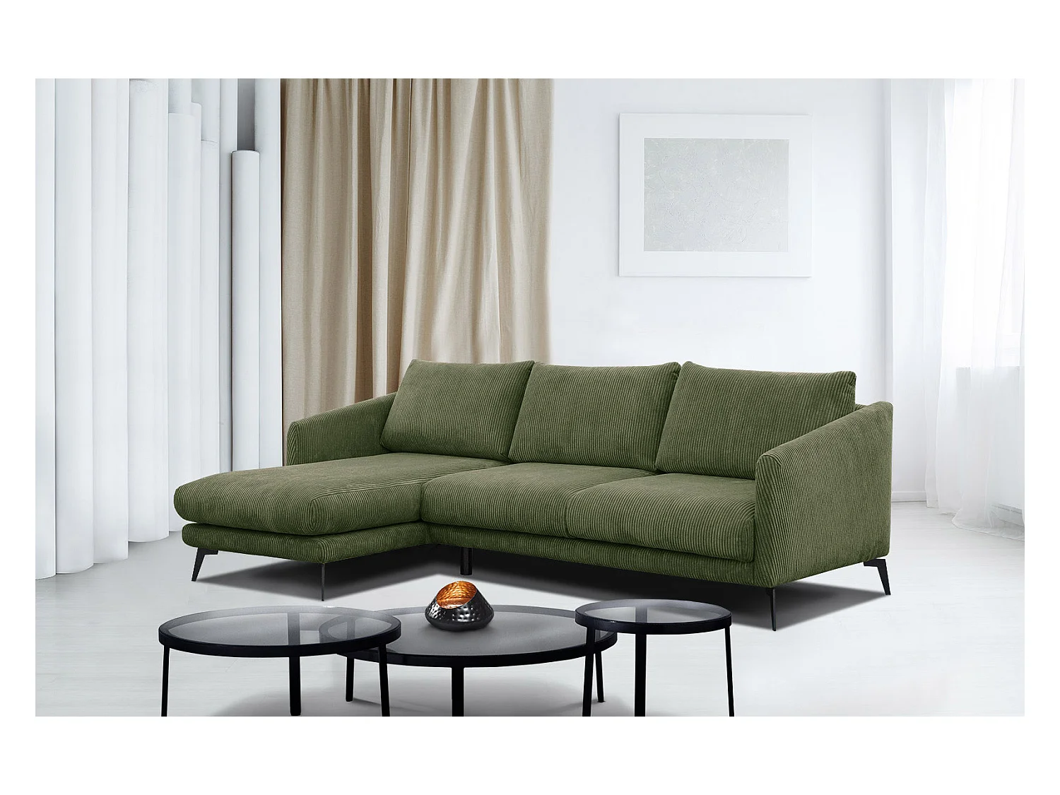 CANAPÉ D'ANGLE VILT 4 places, tissu olive