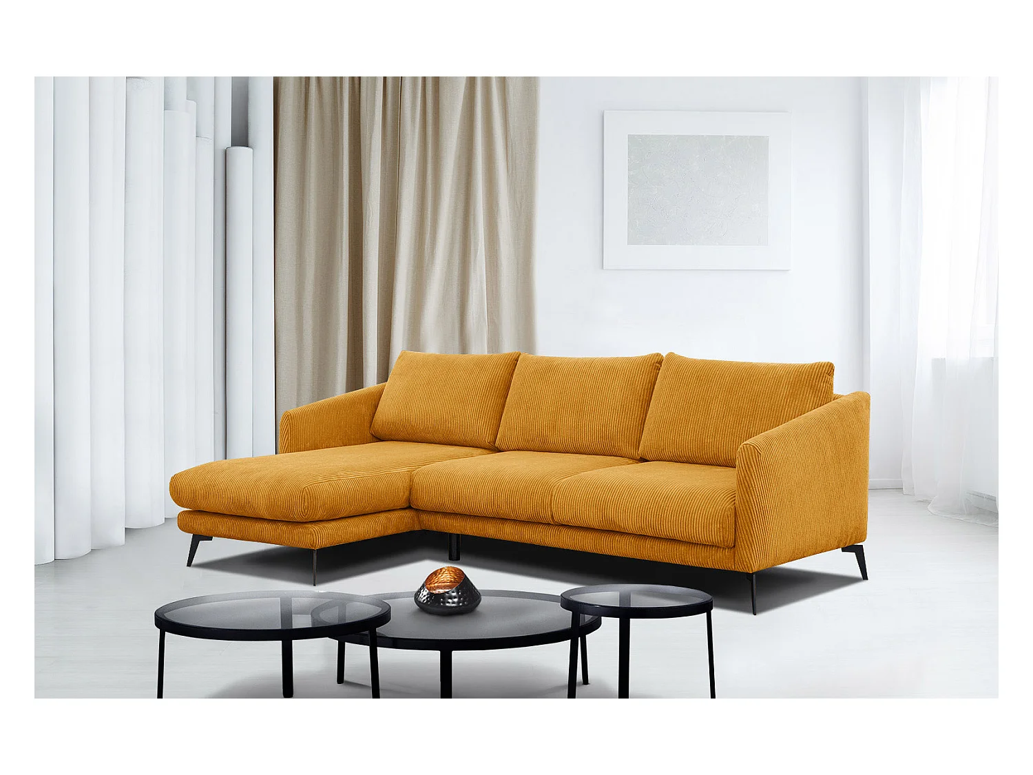 CANAPÉ D'ANGLE VILT 4 places, tissu jaune foncé