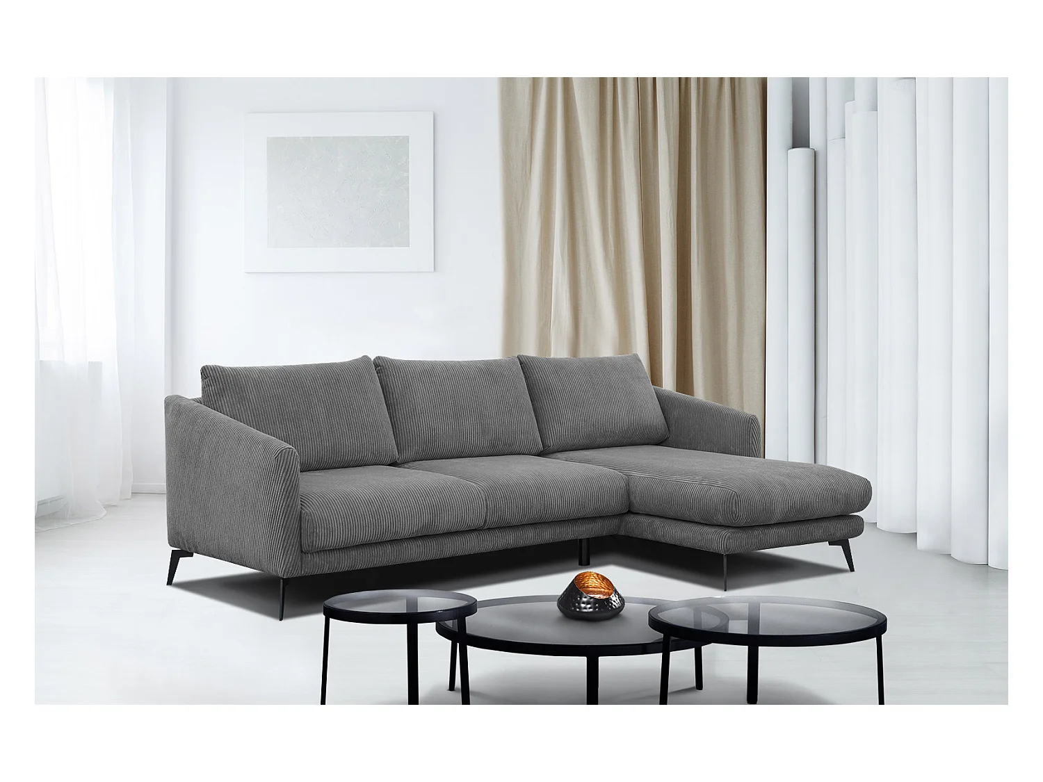 CANAPÉ D'ANGLE VILT 4 places, tissu gris foncé