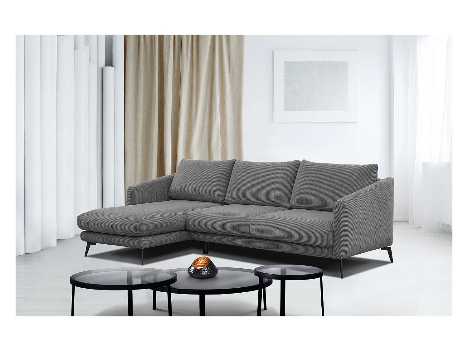 CANAPÉ D'ANGLE VILT 4 places, tissu gris foncé