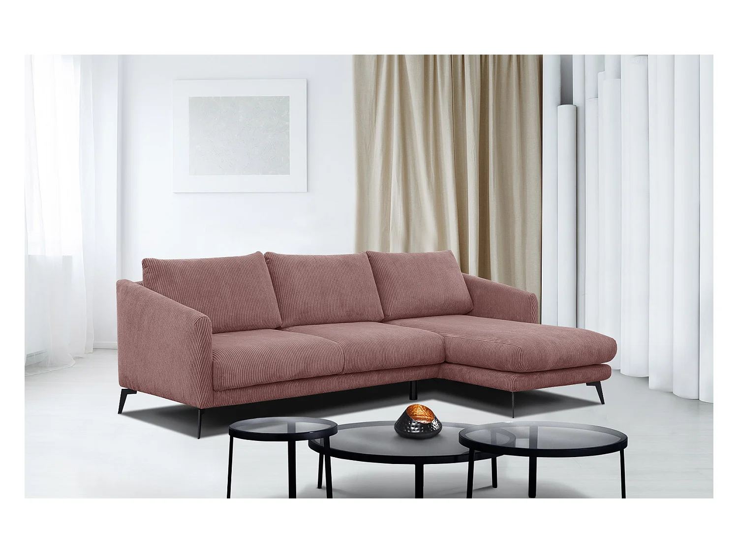 CANAPÉ D'ANGLE VILT 4 places, tissu rose