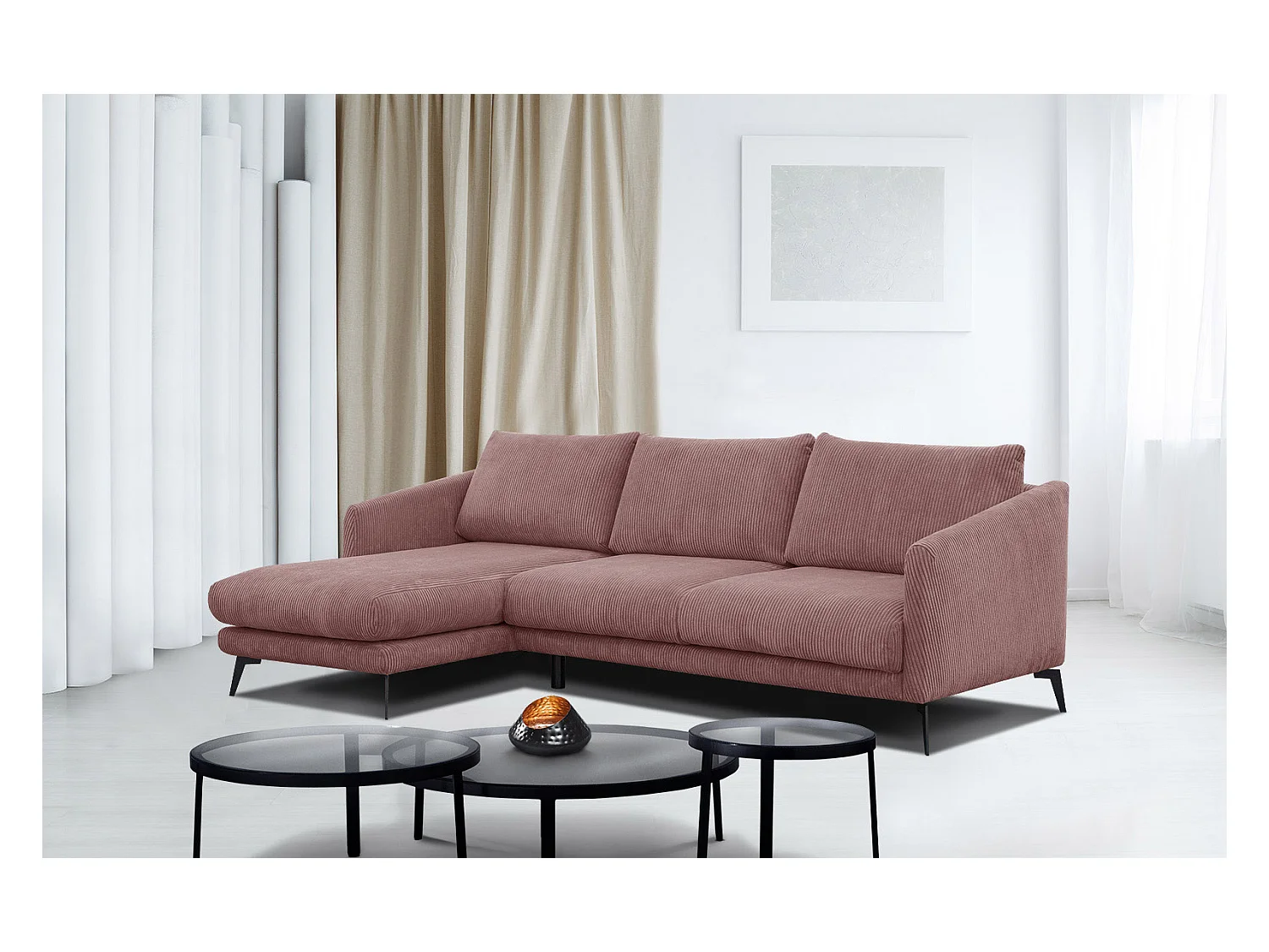 CANAPÉ D'ANGLE VILT 4 places, tissu rose