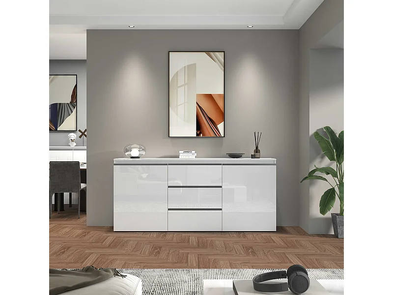 Credenza a cassettiera Magic 2 ante e 3 cassetti bianco lucido 180x40x80 cm