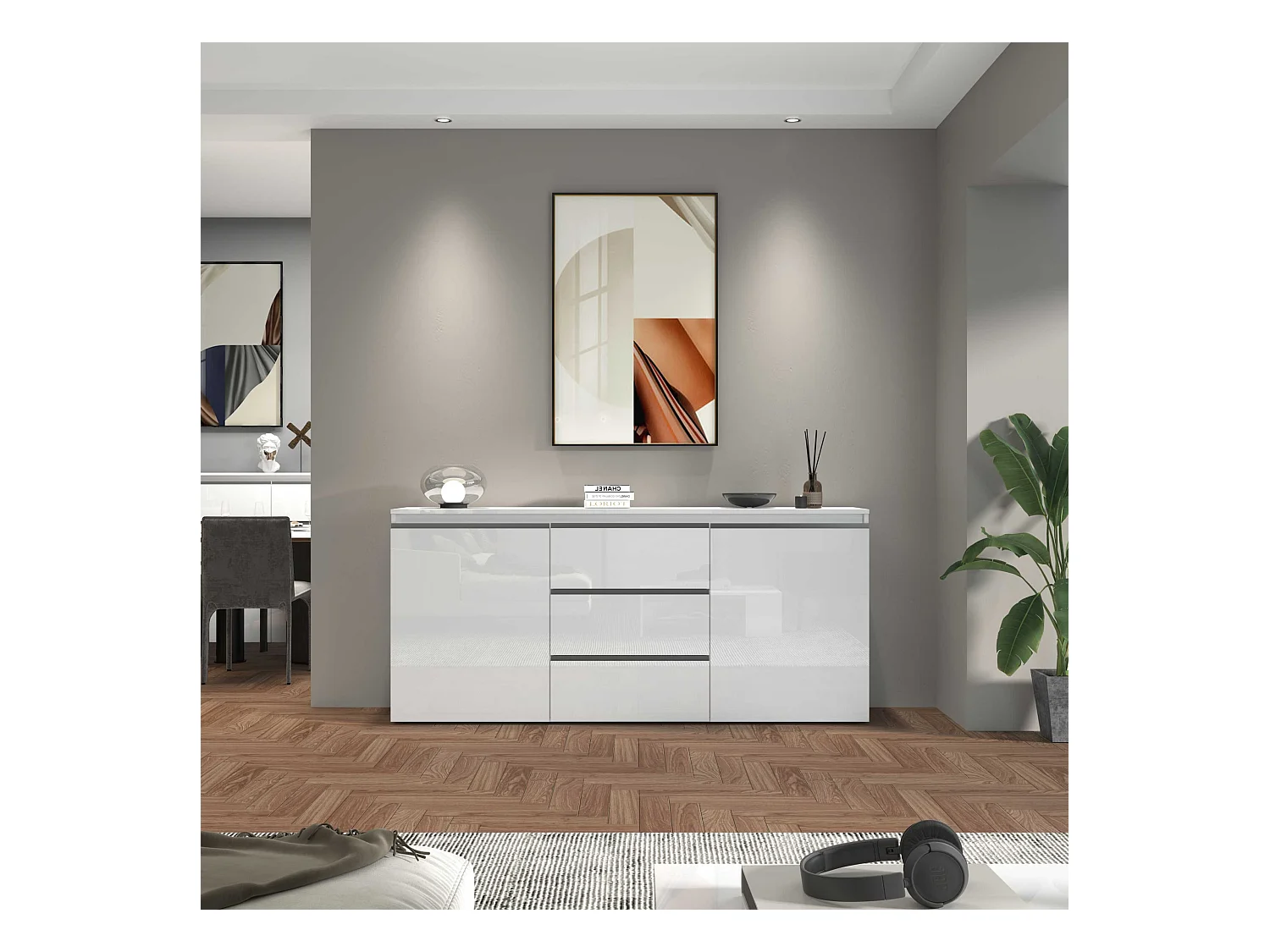 Credenza a cassettiera Magic 2 ante e 3 cassetti bianco lucido 180x40x80 cm