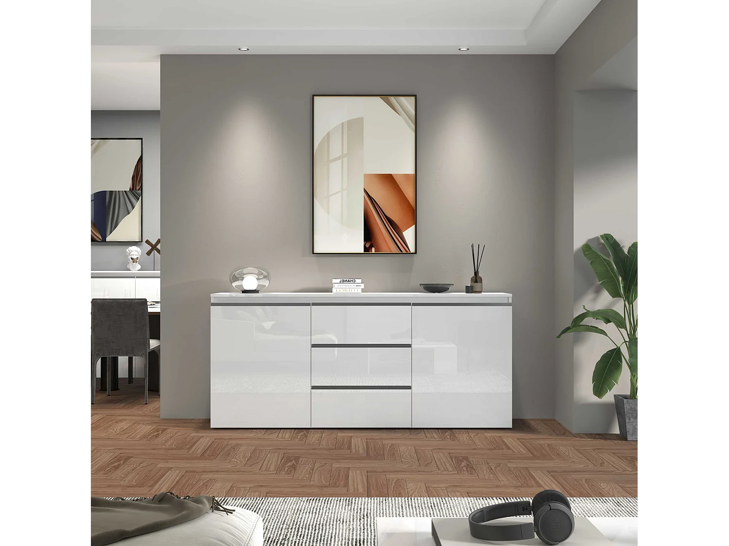 Credenza a cassettiera Magic 2 ante e 3 cassetti bianco lucido 180x40x80 cm