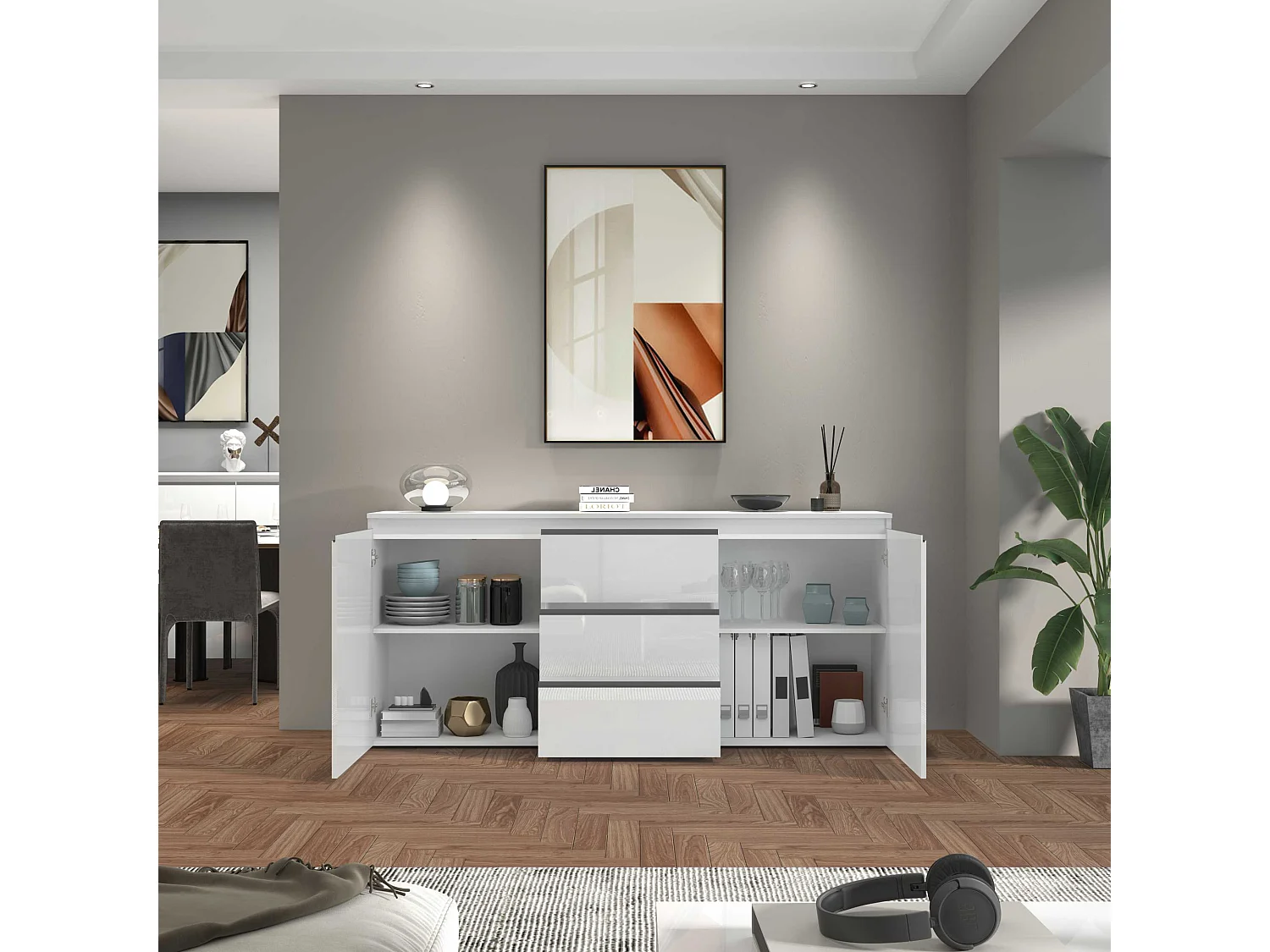 Credenza a cassettiera Magic 2 ante e 3 cassetti bianco lucido 180x40x80 cm