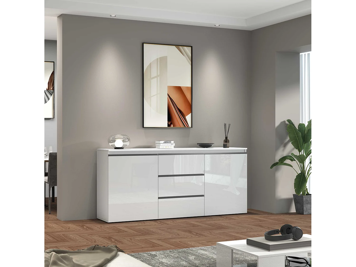 Credenza a cassettiera Magic 2 ante e 3 cassetti bianco lucido 180x40x80 cm