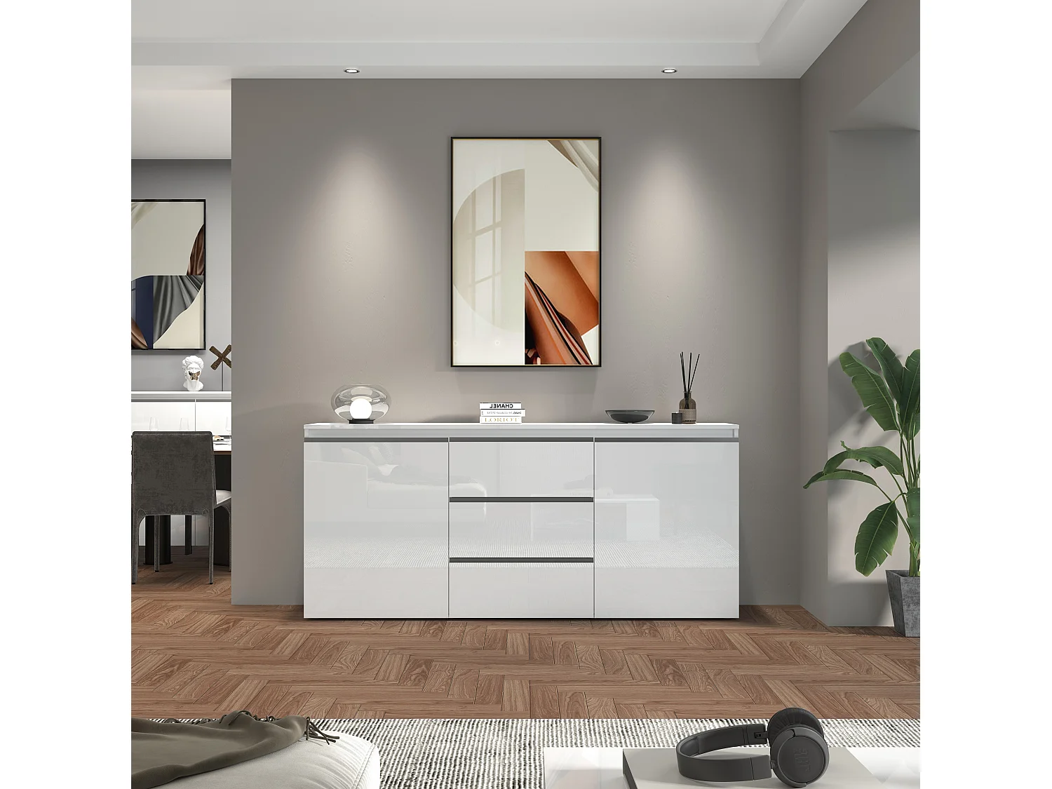 Aparador con cajonera Magic con 2 puertas y 3 cajones blanco brillo 180x40x80 cm