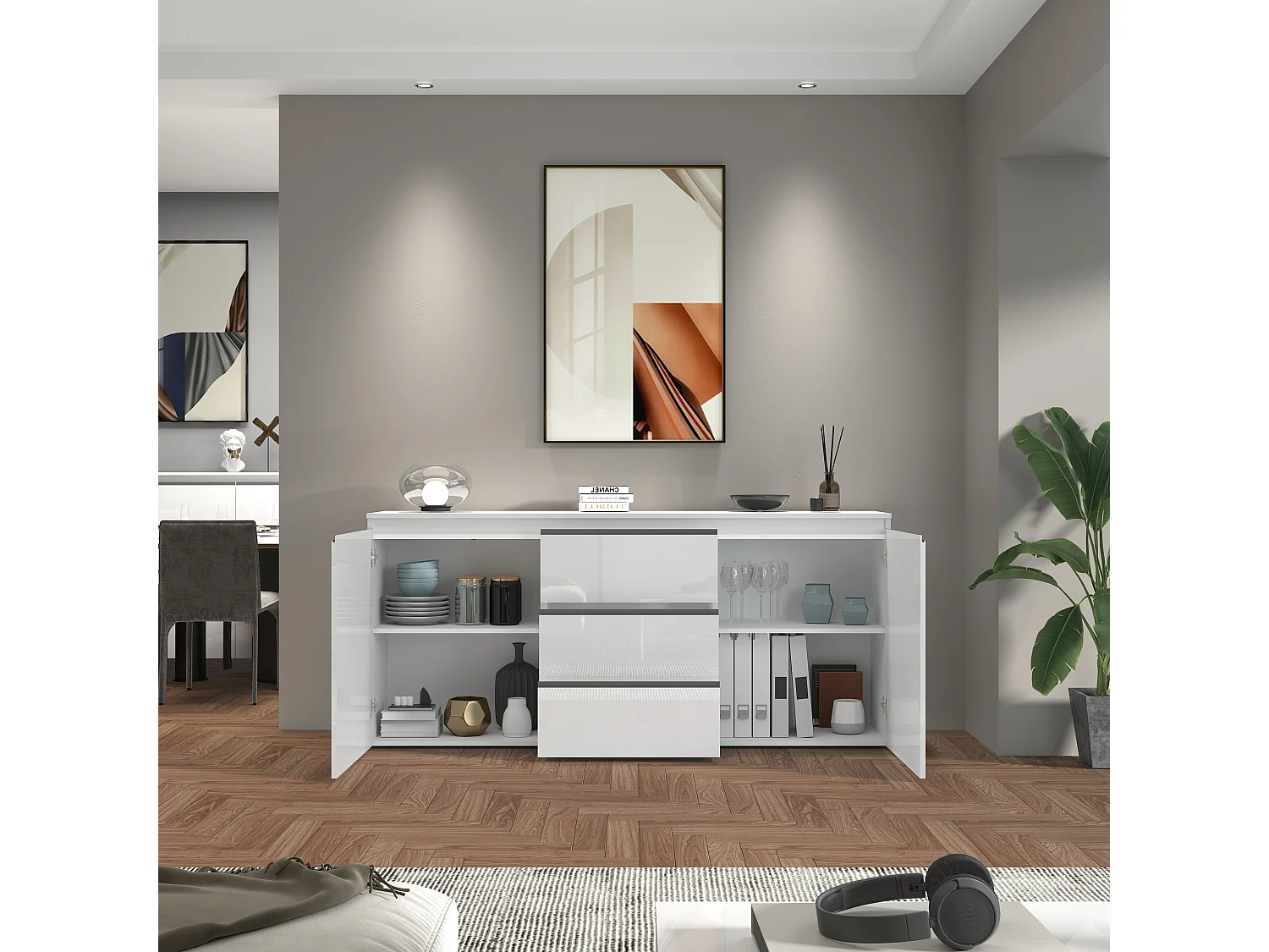 Aparador con cajonera Magic con 2 puertas y 3 cajones blanco brillo 180x40x80 cm