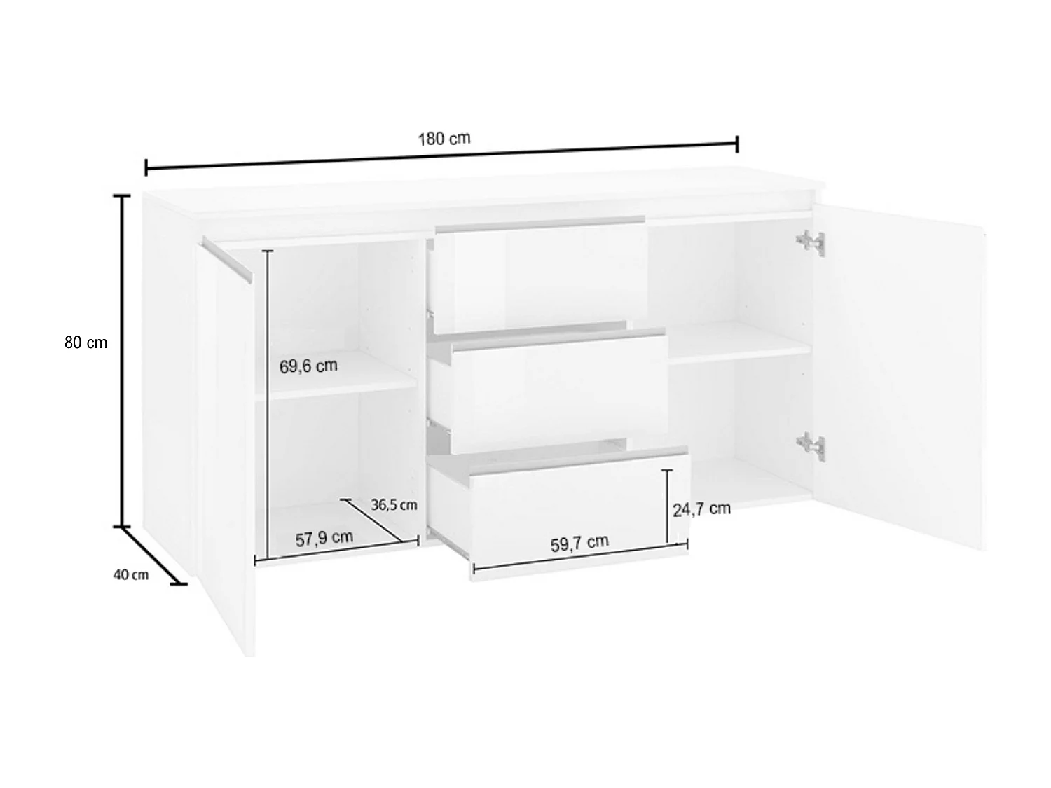Credenza a cassettiera Magic 2 ante e 3 cassetti bianco lucido 180x40x80 cm