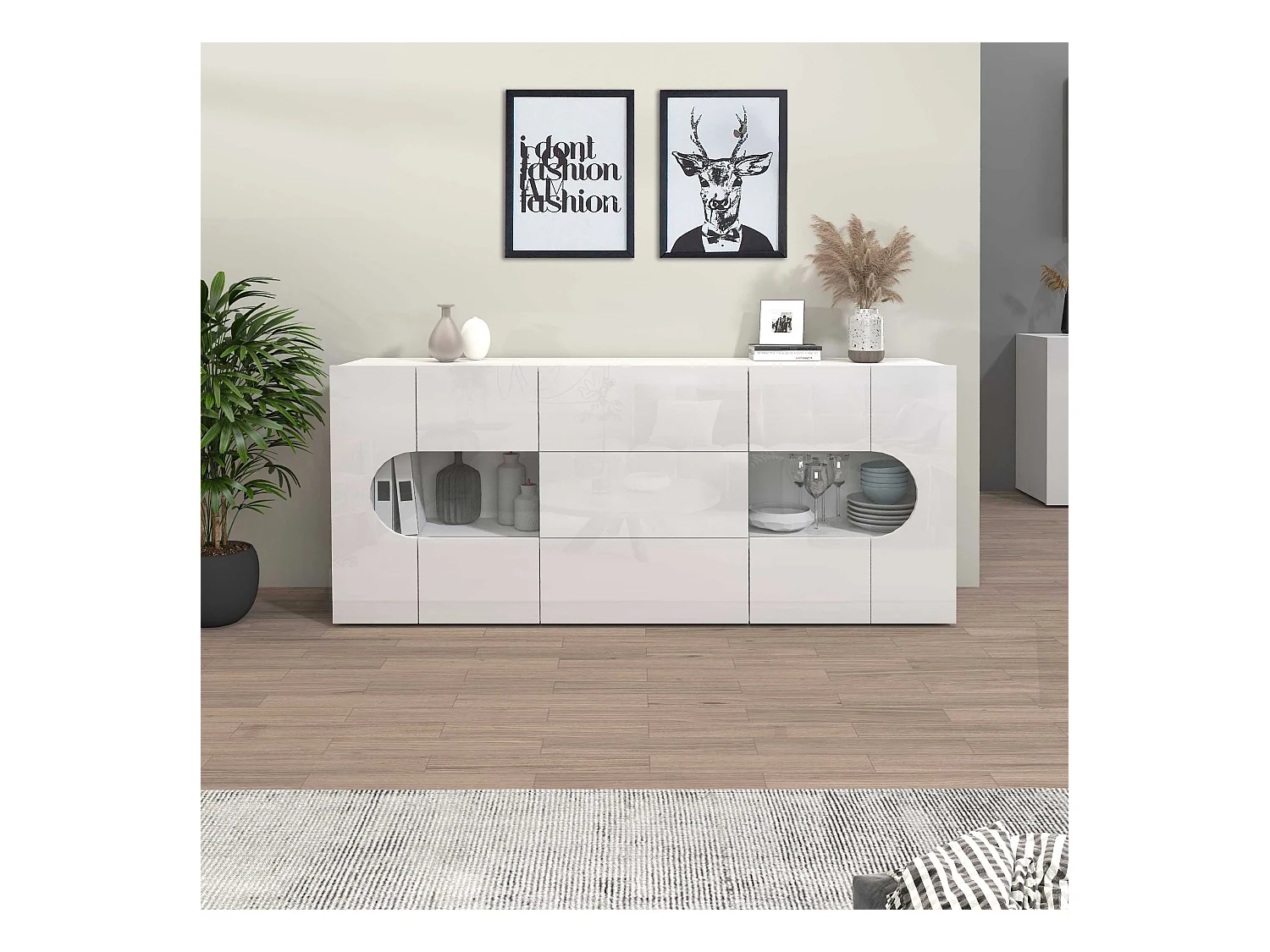 Credenza Real 2 ante 3 cassetti con inserti in vetro espositivi bianco lucido 180x40x80 cm