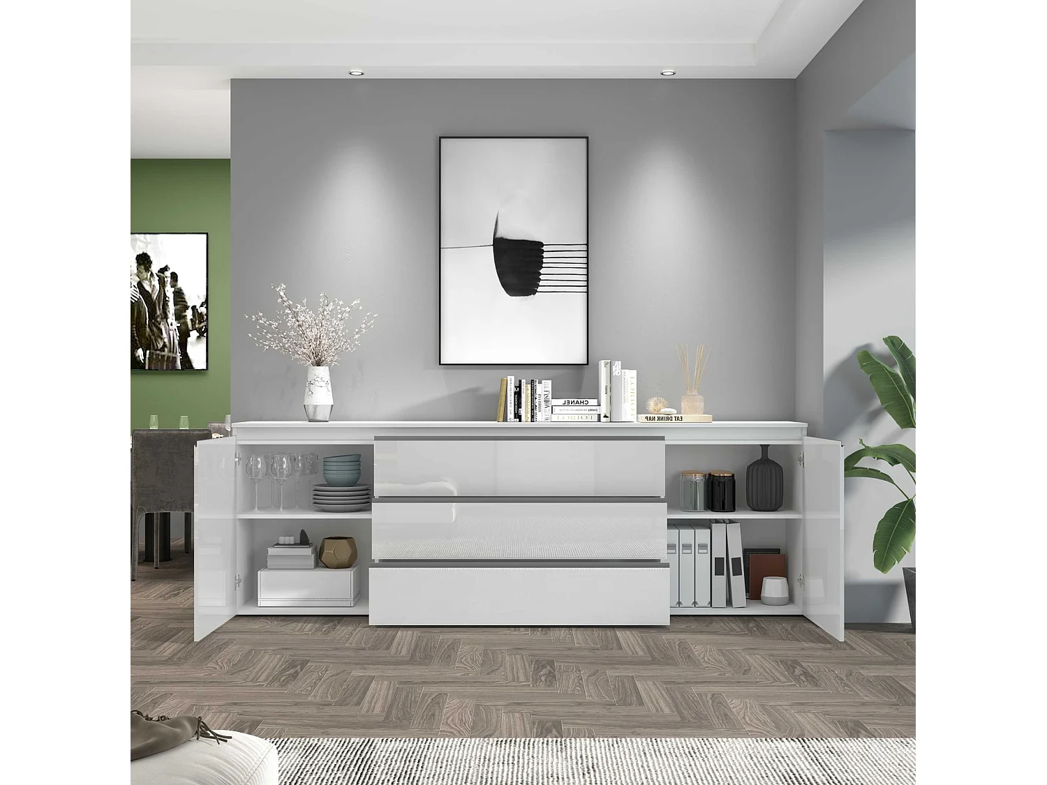 Credenza cassettiera Magic con 2 ante e 3 cassetti bianco lucido 240x40x80 cm