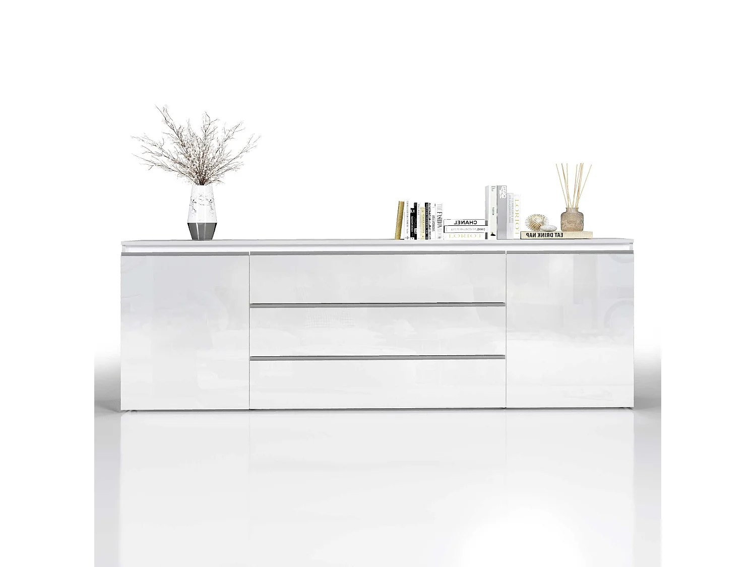 Credenza cassettiera Magic con 2 ante e 3 cassetti bianco lucido 240x40x80 cm